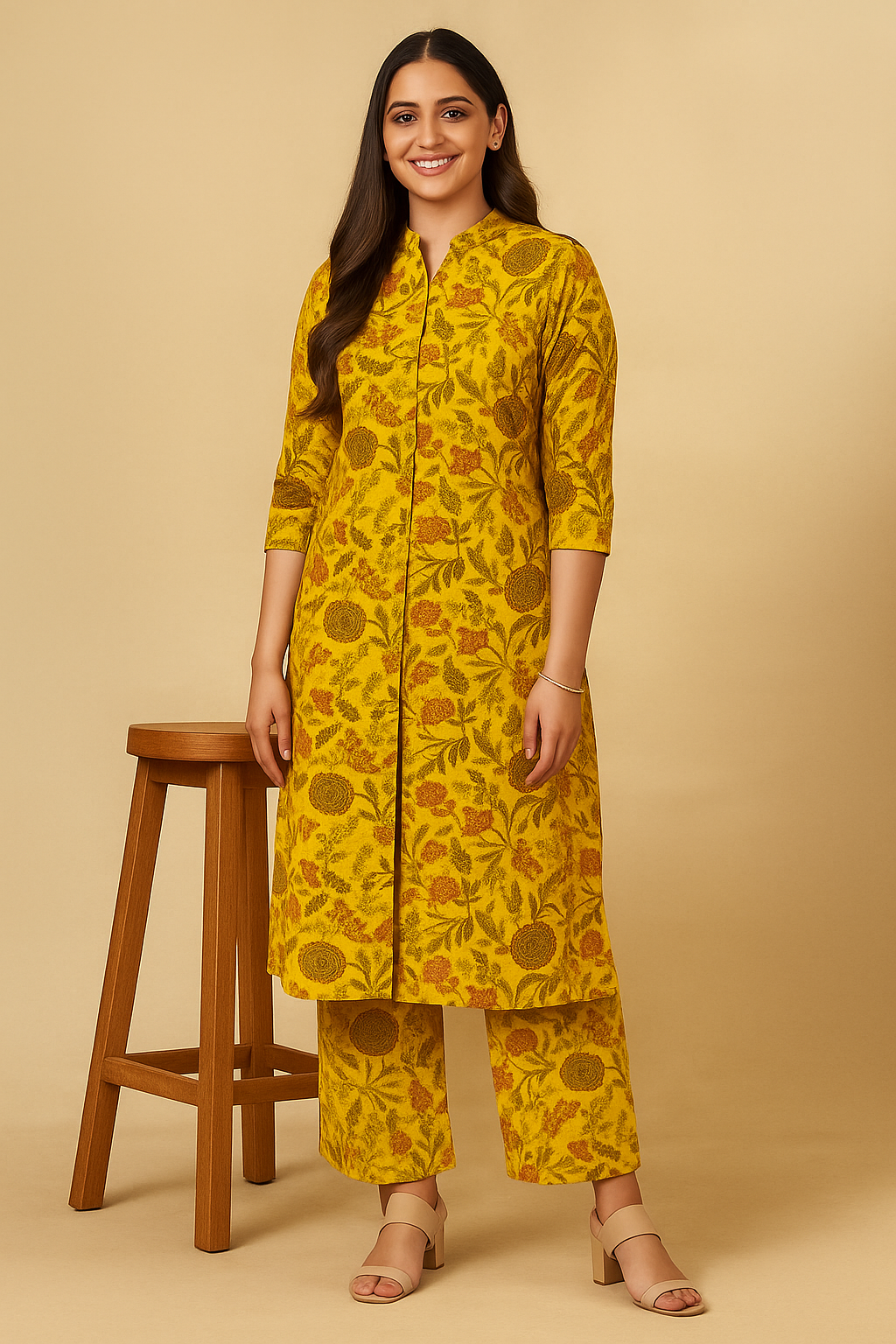 Floral Rayon Kurta & Palazzo Set – Musterd Yellow