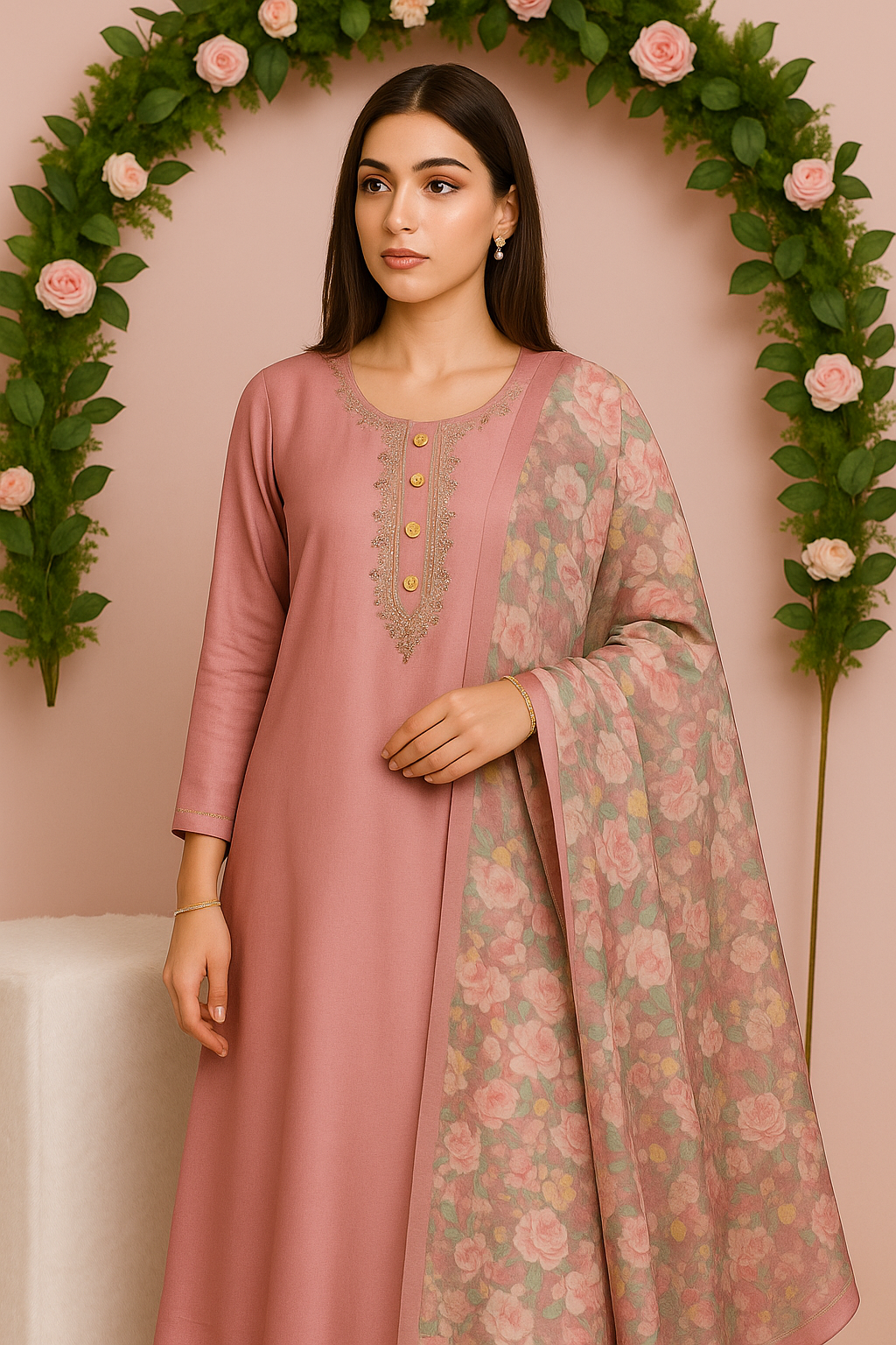 Royal Grace Vichitra Silk Jewel Neck Ensemble – 3 Piece Designer Set