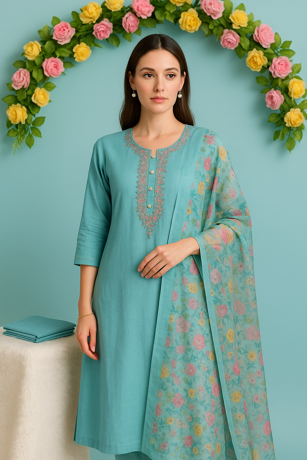 Royal Grace nice blue Colour Jewel Neck Ensemble – 3 Piece Designer Set