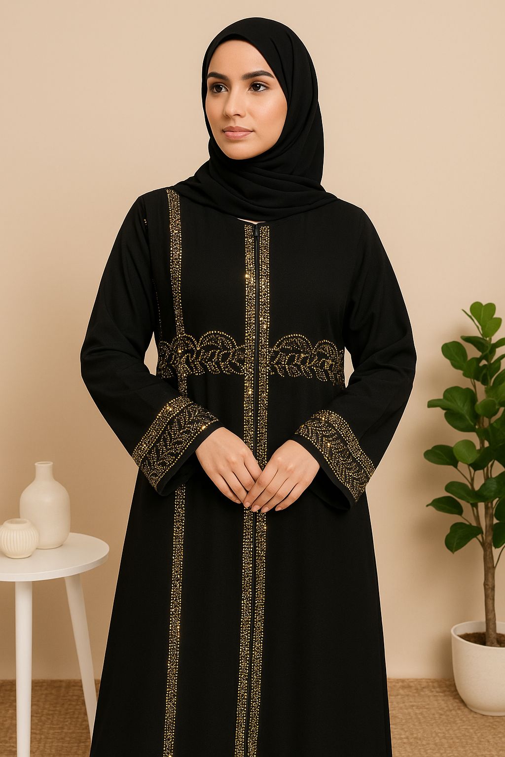 Black Coat-Style Abaya with Gold | SIZE XXL-56| Rainbow Stone Work Elegance Reimagined