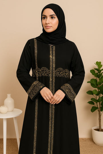 Black Coat-Style Abaya with Gold | SIZE XXL-56| Rainbow Stone Work Elegance Reimagined