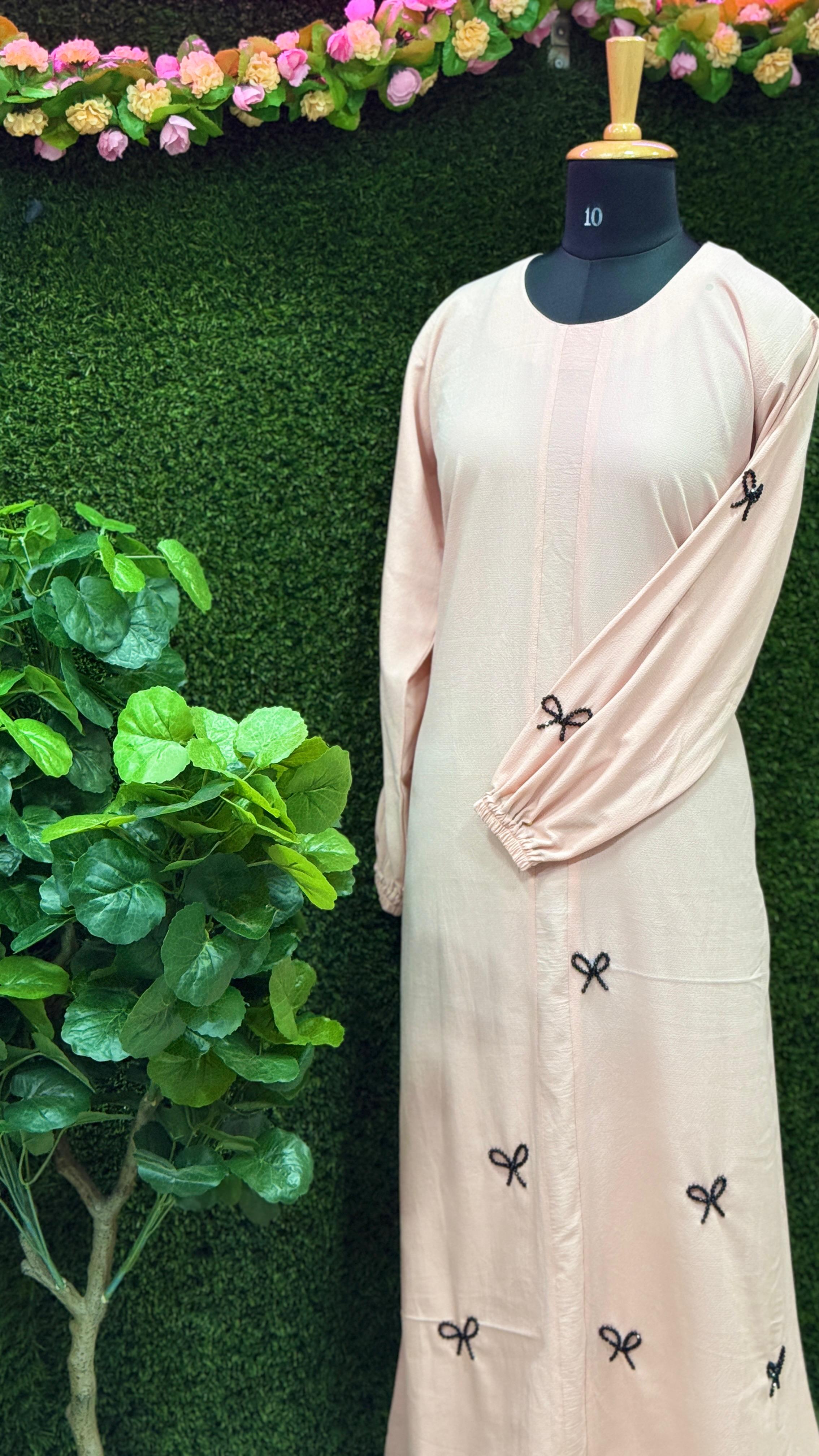 Bead work| size 52 |Hand work Abaya – Round Neck | Elastic Sleeves