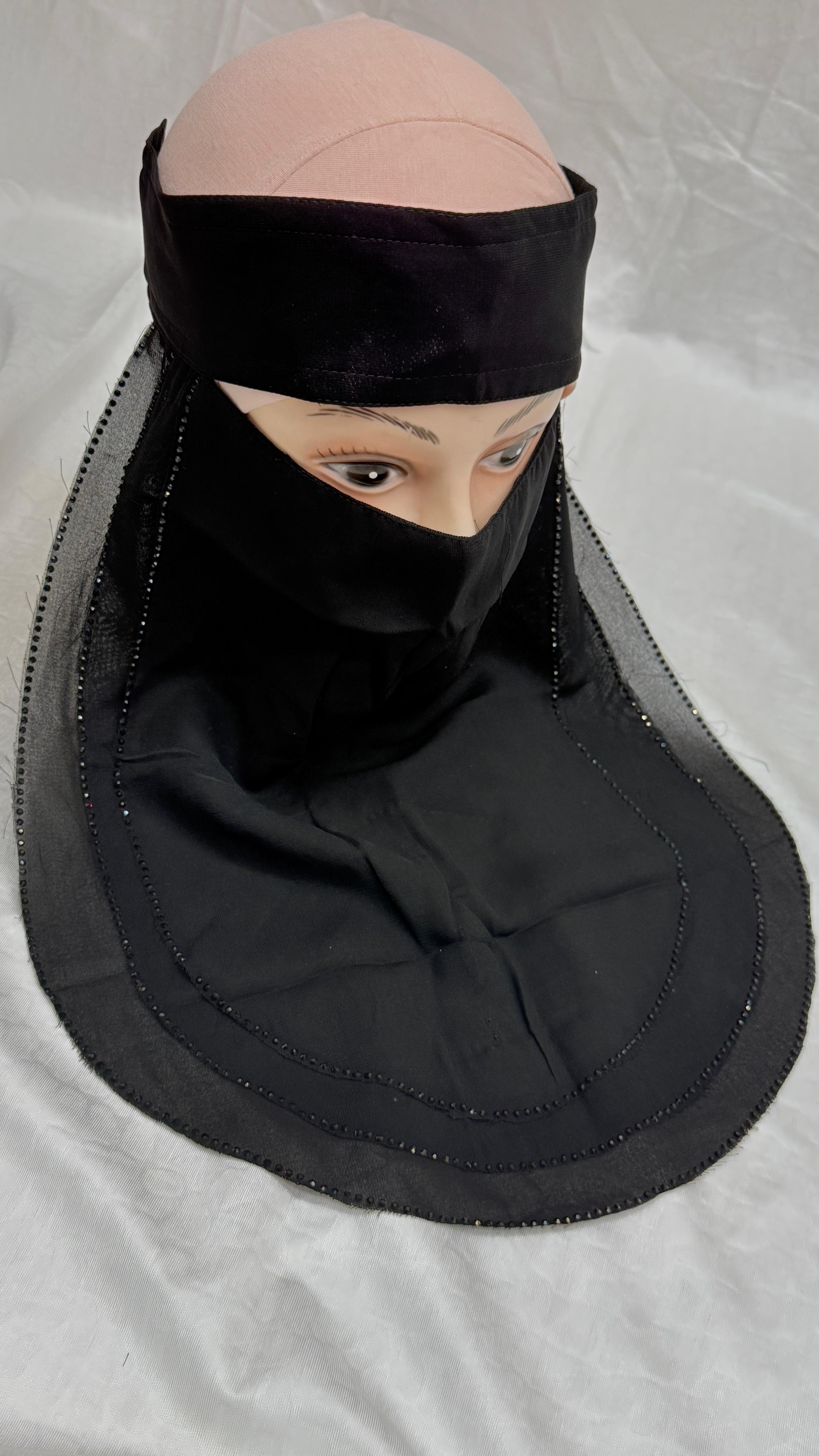 BLACK NIQAB WITH 3 LAYER FABRIC |SIMPLE STONE WORK