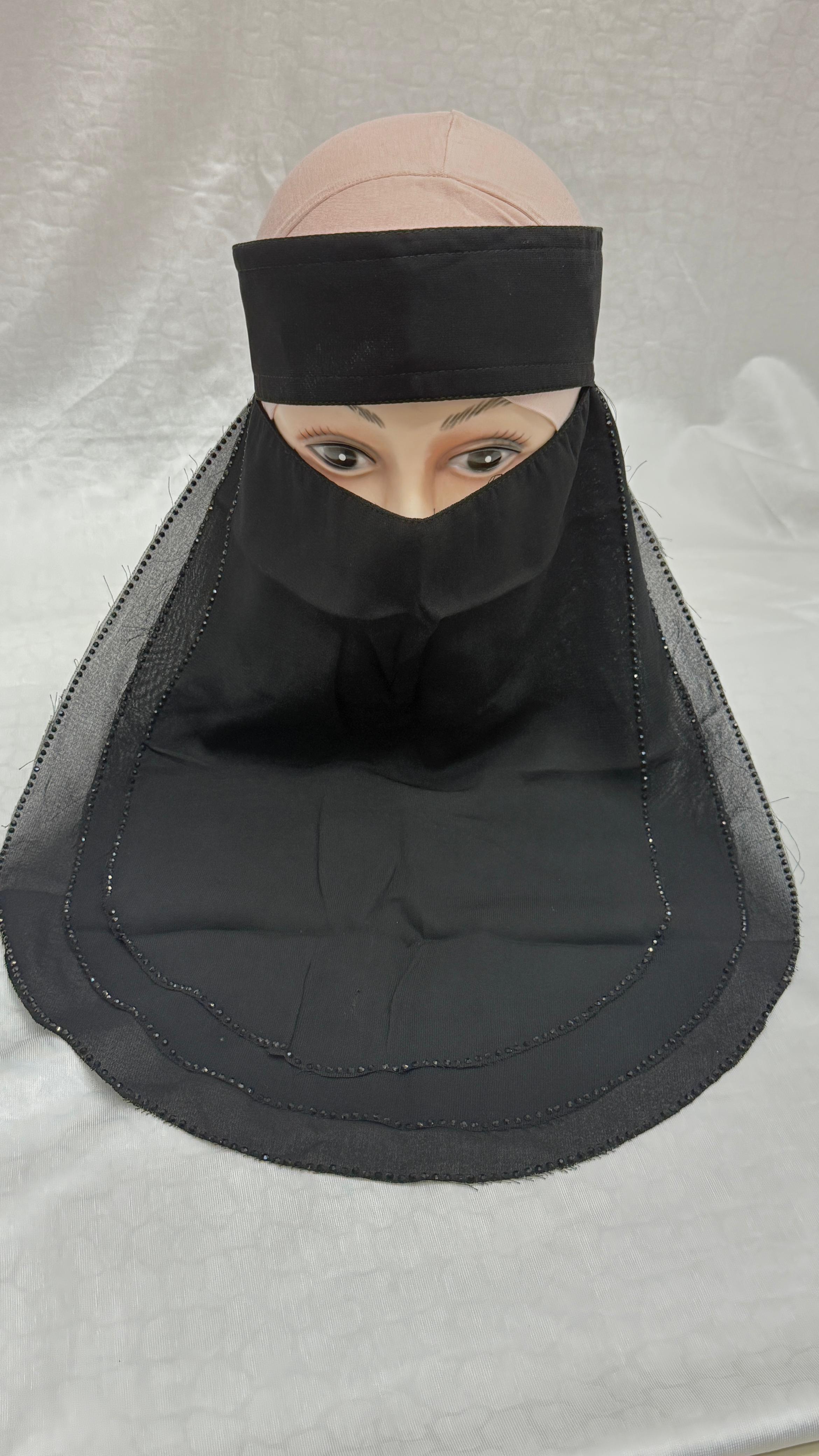 BLACK NIQAB WITH 3 LAYER FABRIC |SIMPLE STONE WORK