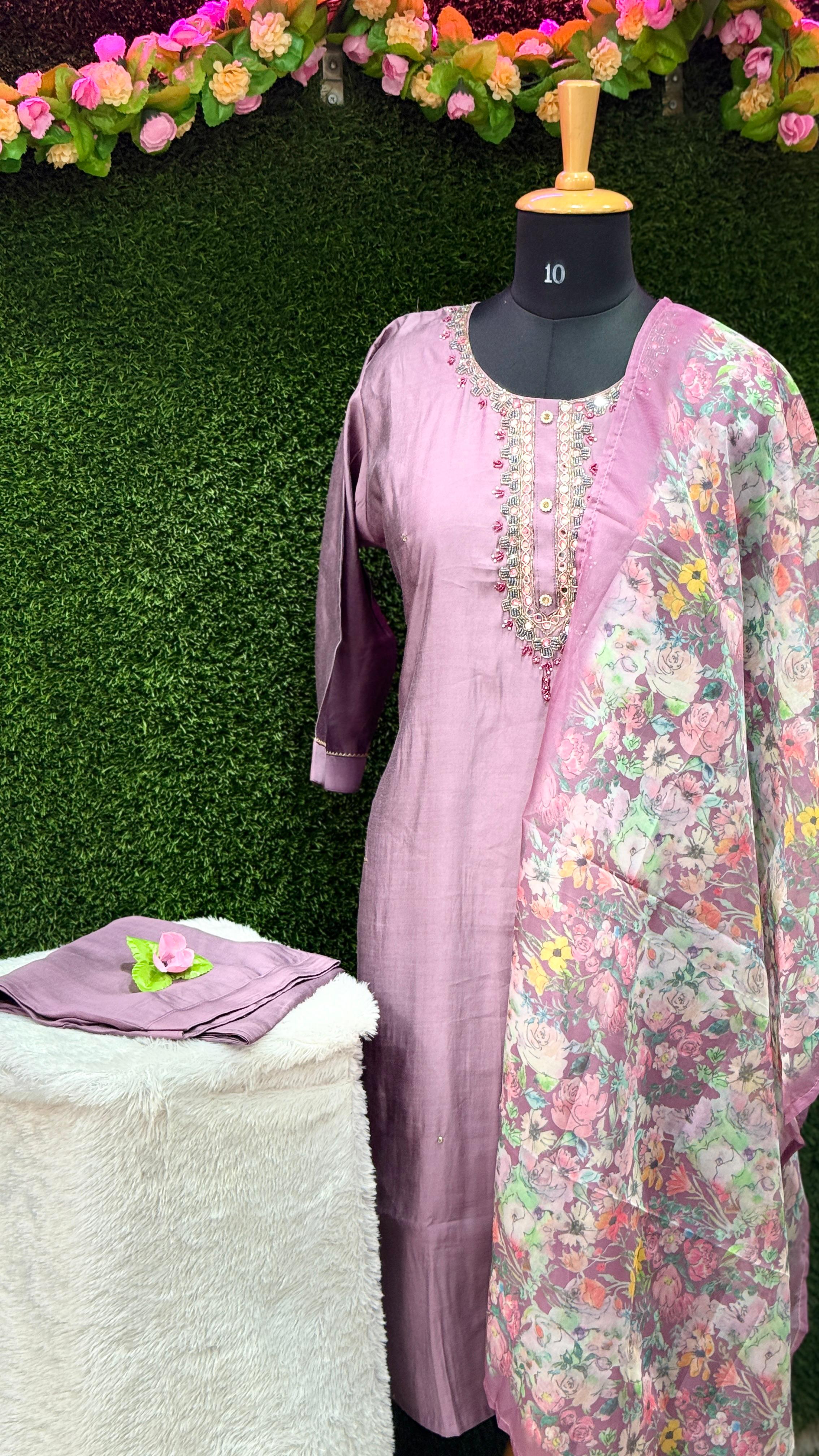 Royal Grace Vichitra Silk Jewel Neck Ensemble – 3 Piece Designer Set