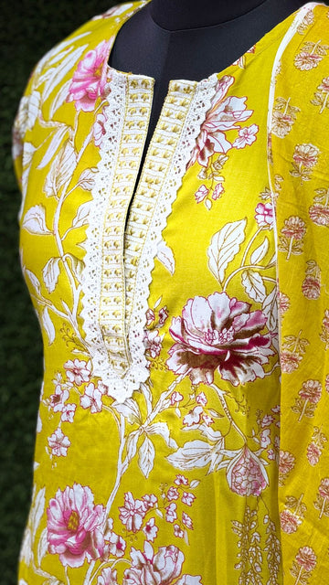Yellow Floral 3-Piece Cotton kurti Set – Feeding & Non-Feeding Friendly
