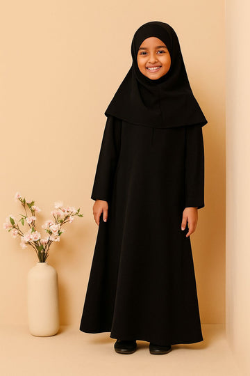 Plain Black Kids Abaya – Firdous Fabric, Sizes 30 to 46