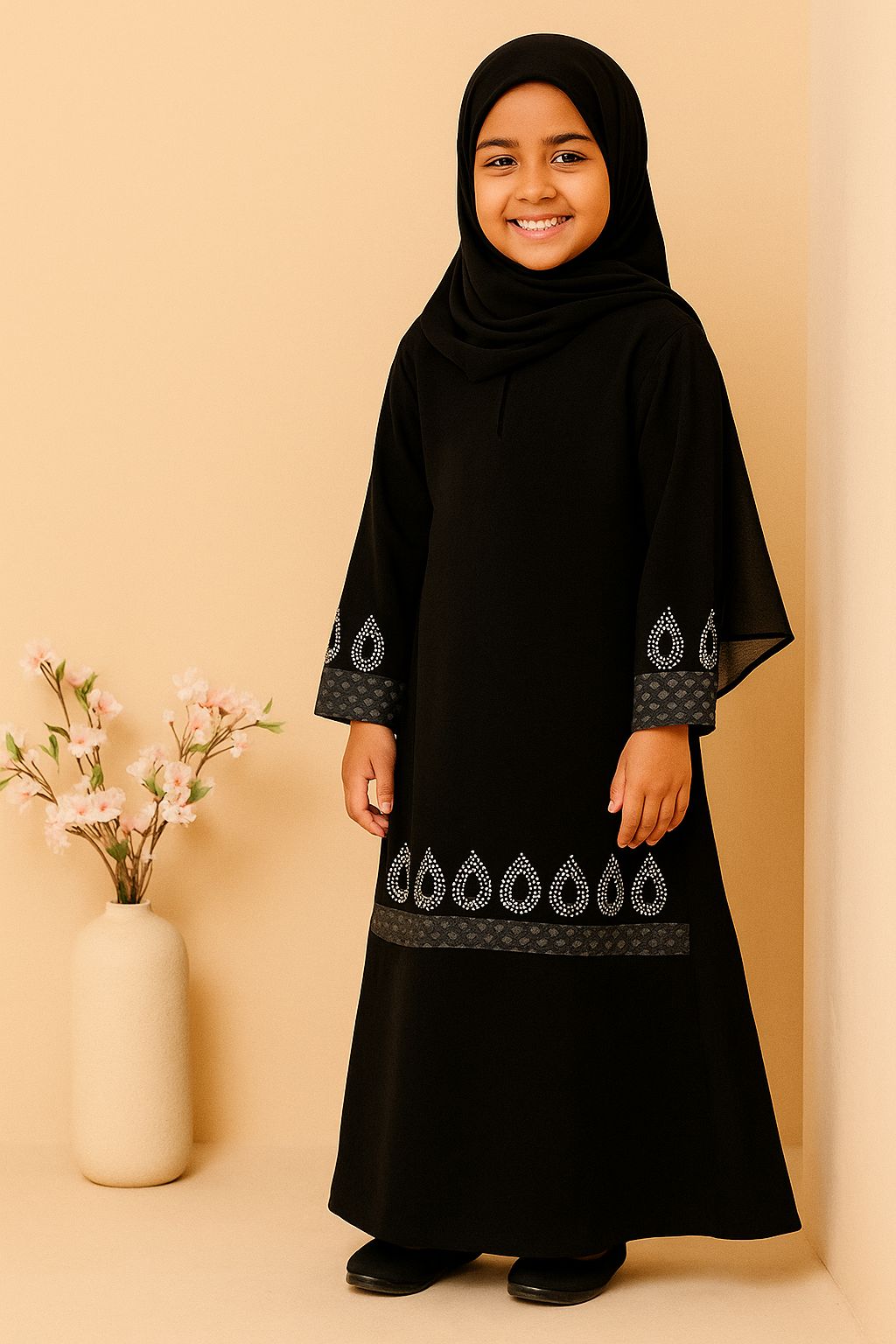 Kids Black Abaya – Size 28 & 36, Stone & Lace Work
