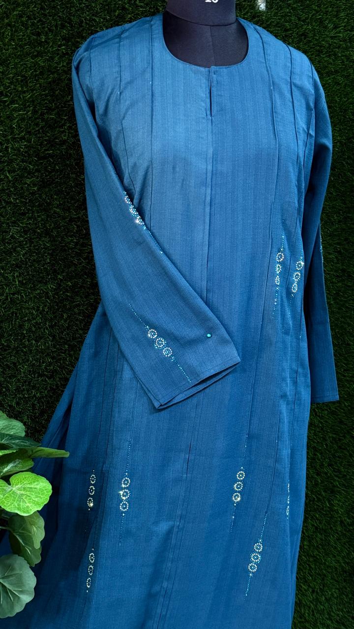 Mid Blue Cotton stone work Abaya for Women – Size 54