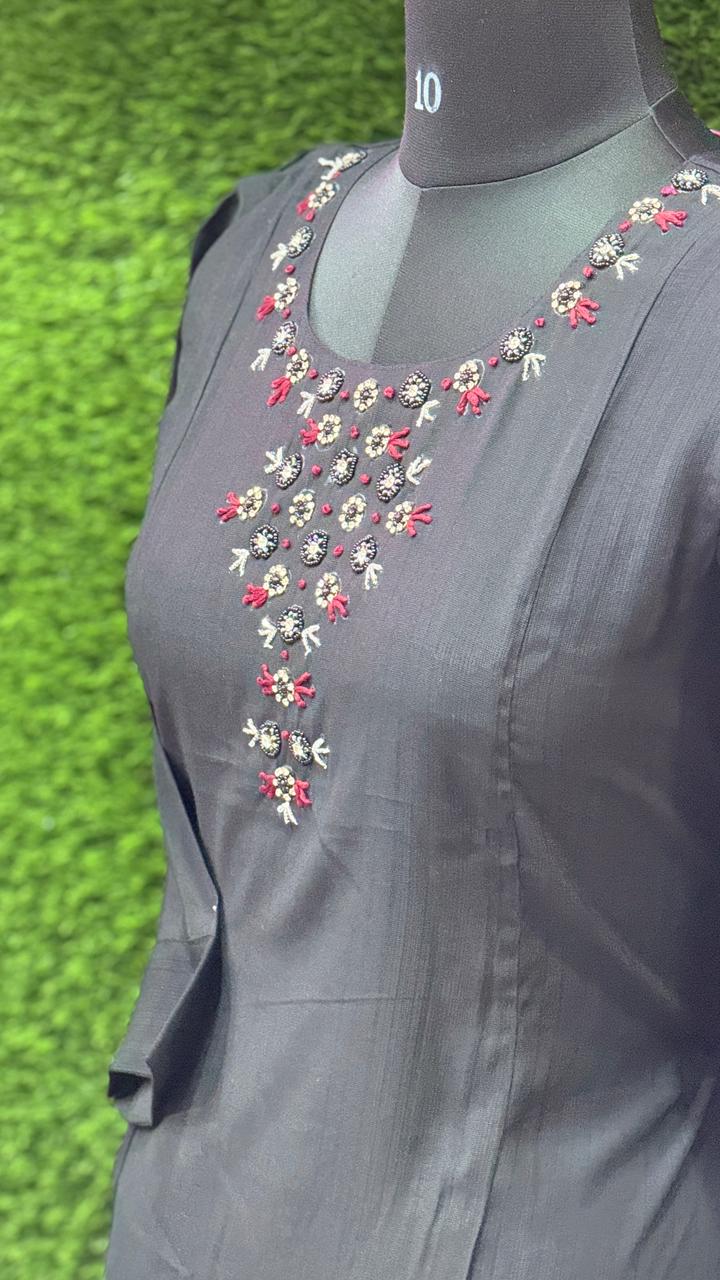 Black Cotton bead Embroidered Kurta Two-Piece Set