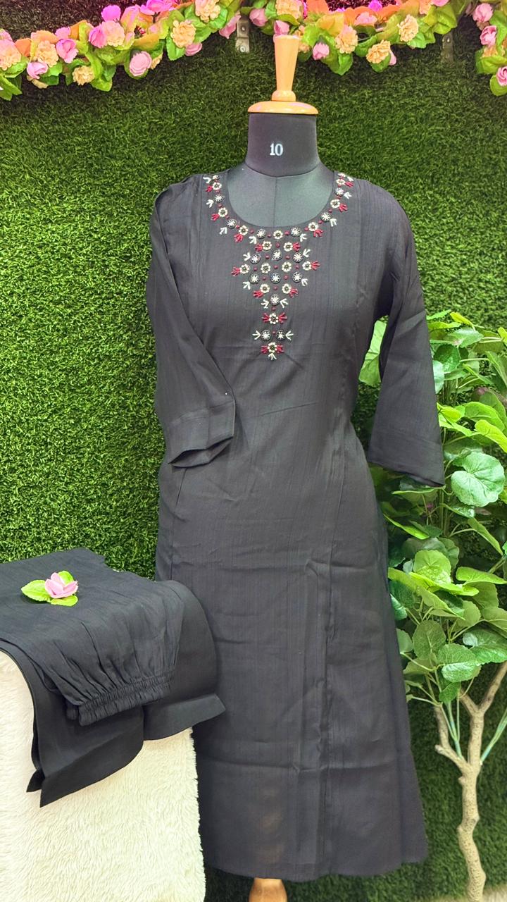 Black Cotton bead Embroidered Kurta Two-Piece Set