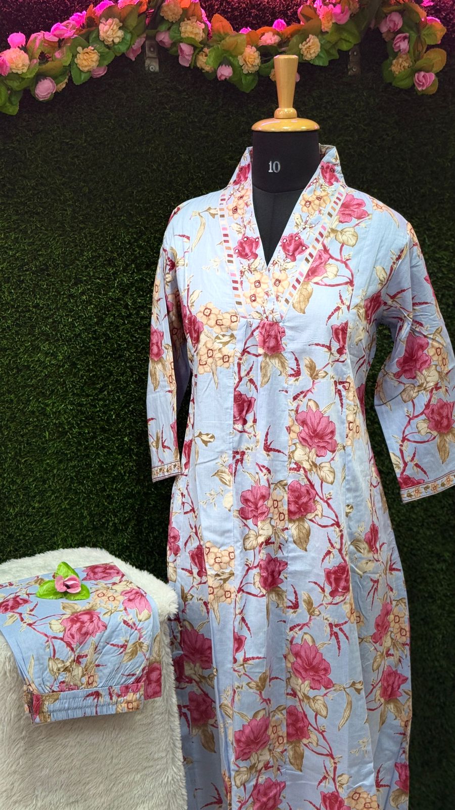 Light blue Floral Printed Cotton Kurti with Plazo – Two-Piece Set