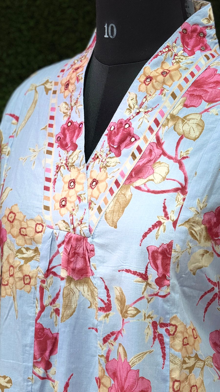 Light blue Floral Printed Cotton Kurti with Plazo – Two-Piece Set