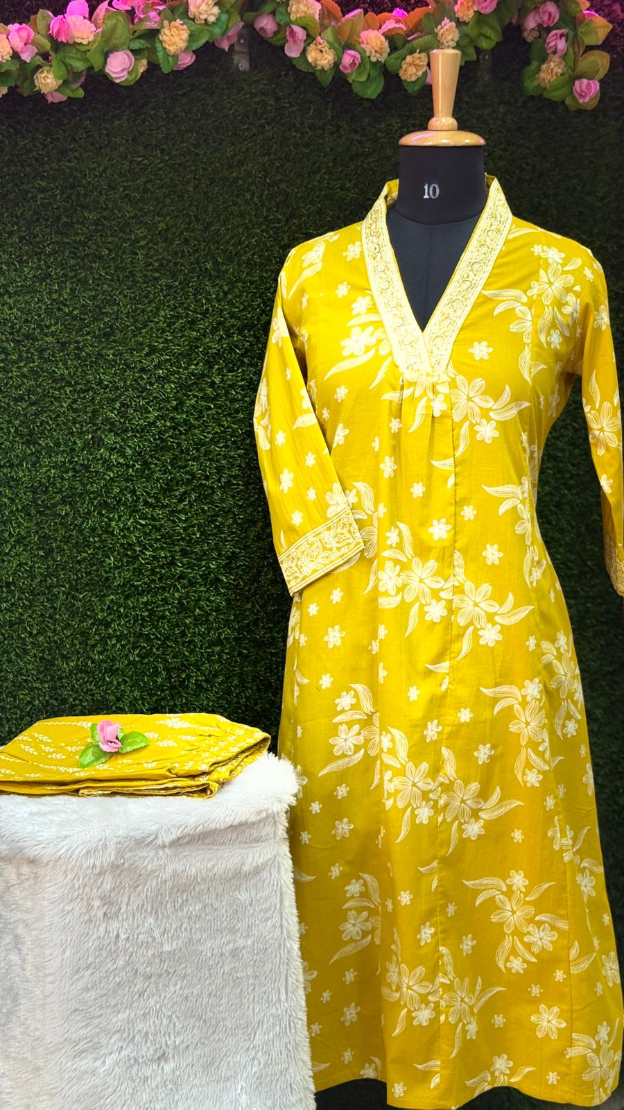 Mustard yellow Printed Cotton Kurti with Plazo – Two-Piece Set
