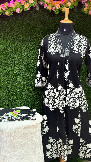 BLACK Floral Printed Cotton Kurti with Plazo – Two-Piece Set