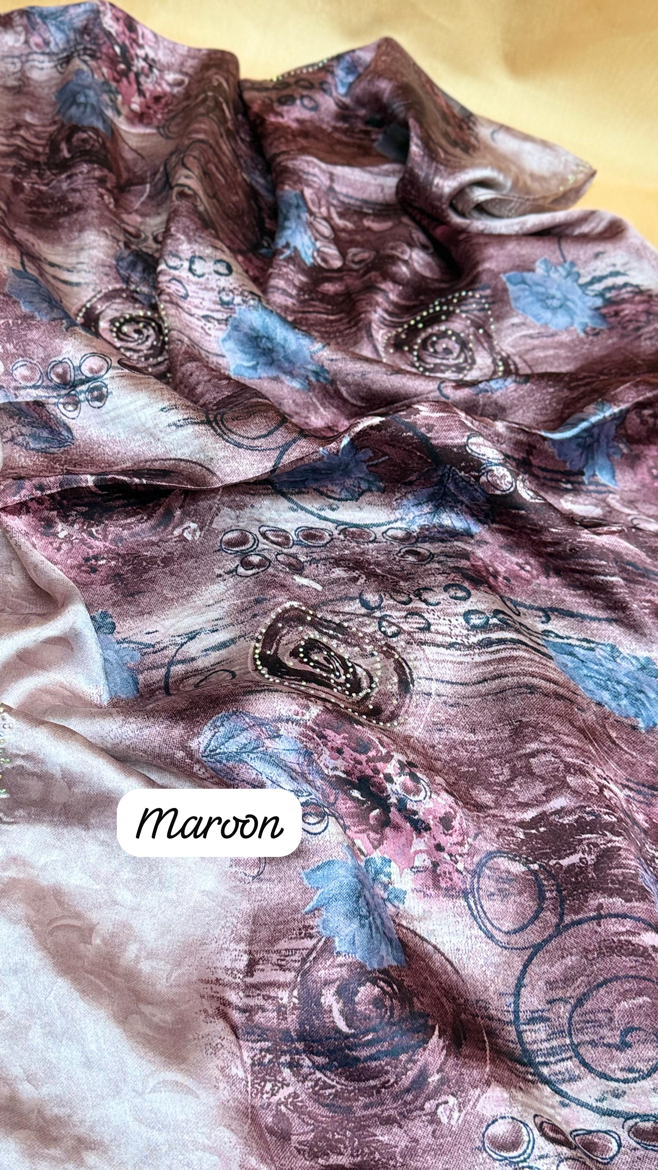 Floral Satin Hijab Scarf with Elegant Stone Shine