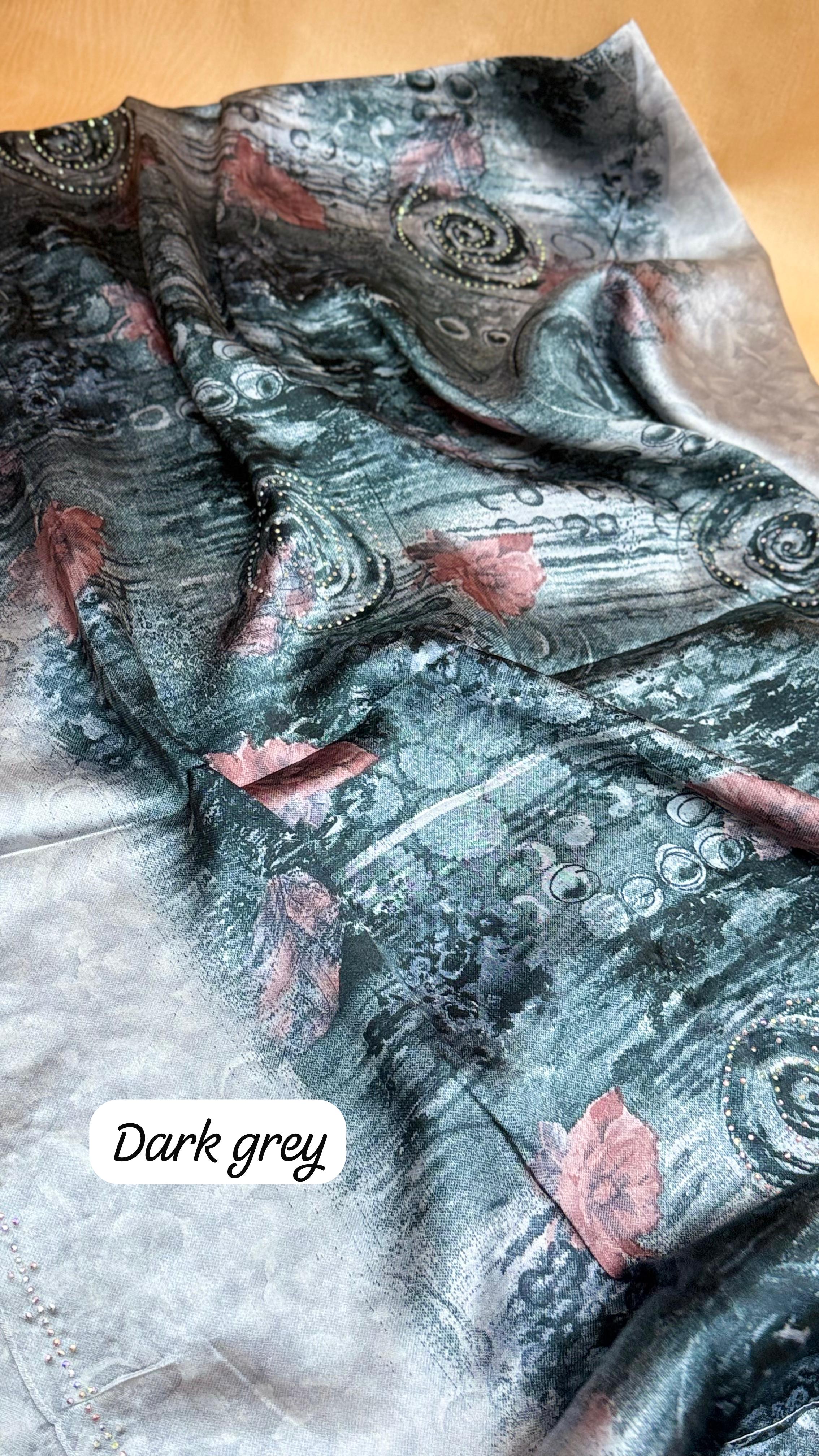 Floral Satin Hijab Scarf with Elegant Stone Shine