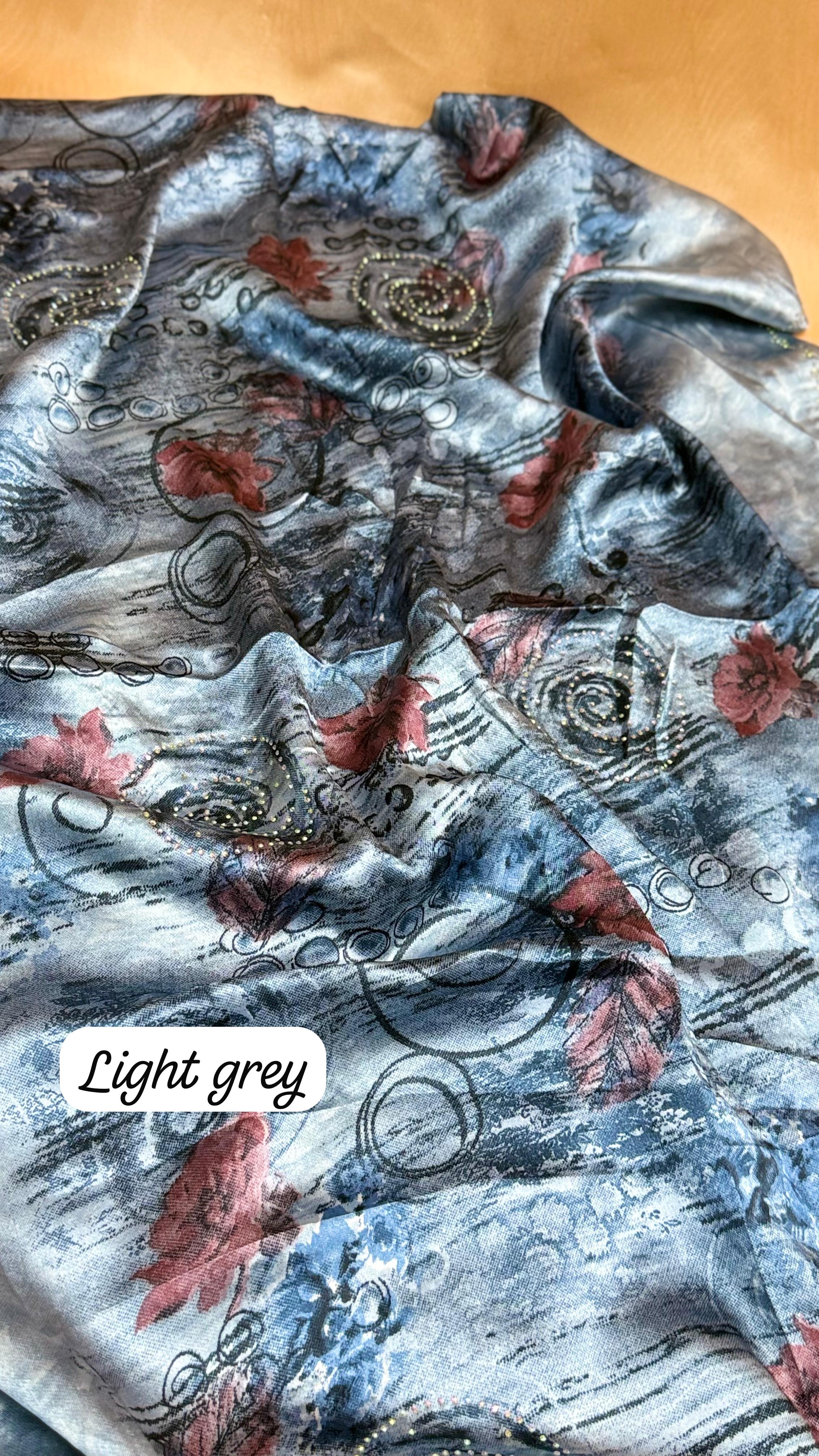 Floral Satin Hijab Scarf with Elegant Stone Shine