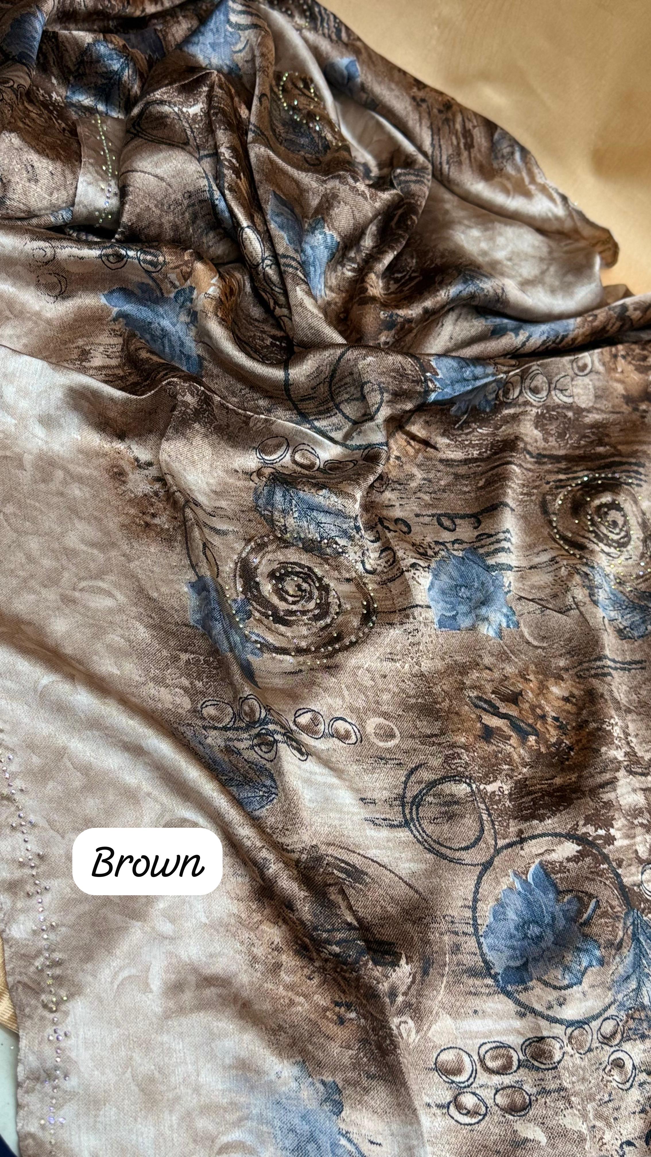 Floral Satin Hijab Scarf with Elegant Stone Shine