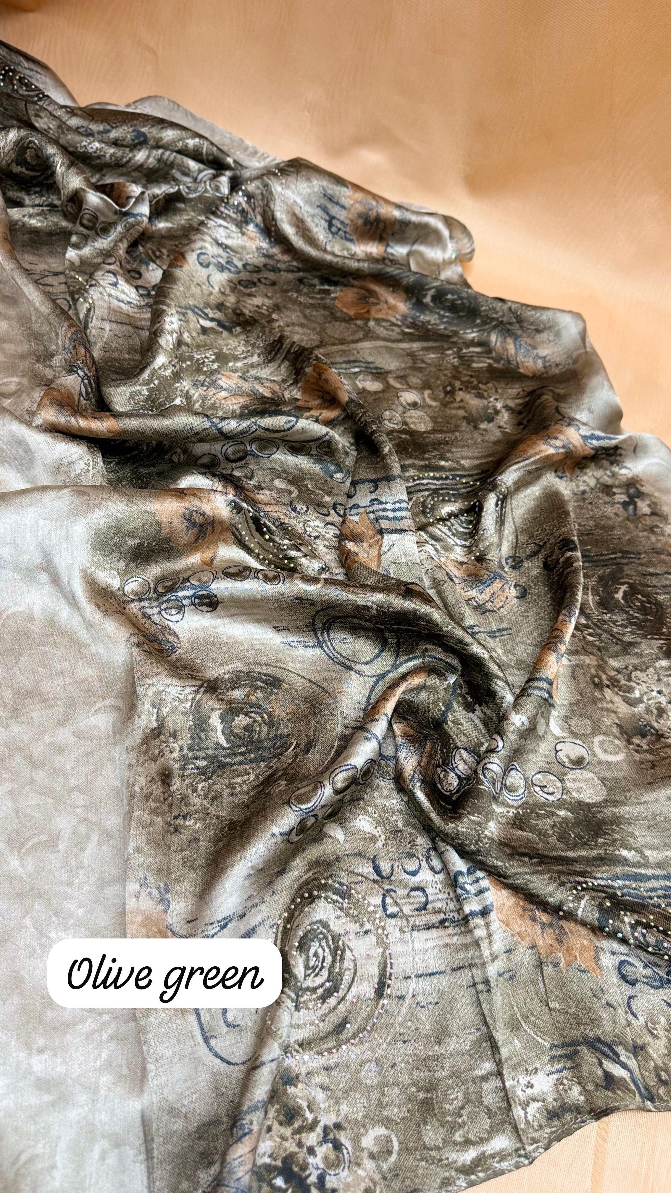 Floral Satin Hijab Scarf with Elegant Stone Shine