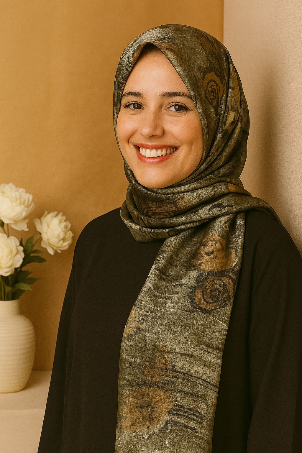 Floral Satin Hijab Scarf with Elegant Stone Shine