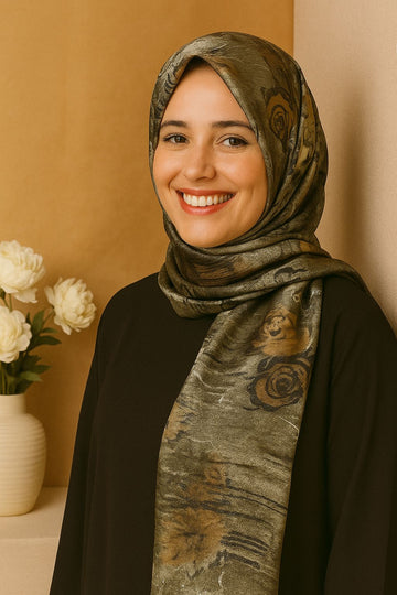 Floral Satin Hijab Scarf with Elegant Stone Shine