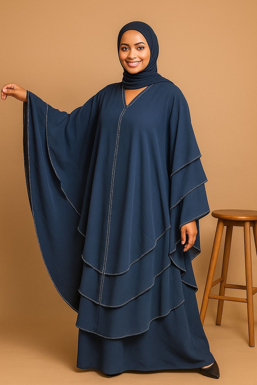 Premium Navy Chiffon 3-Layer Kaftan  – Size 54