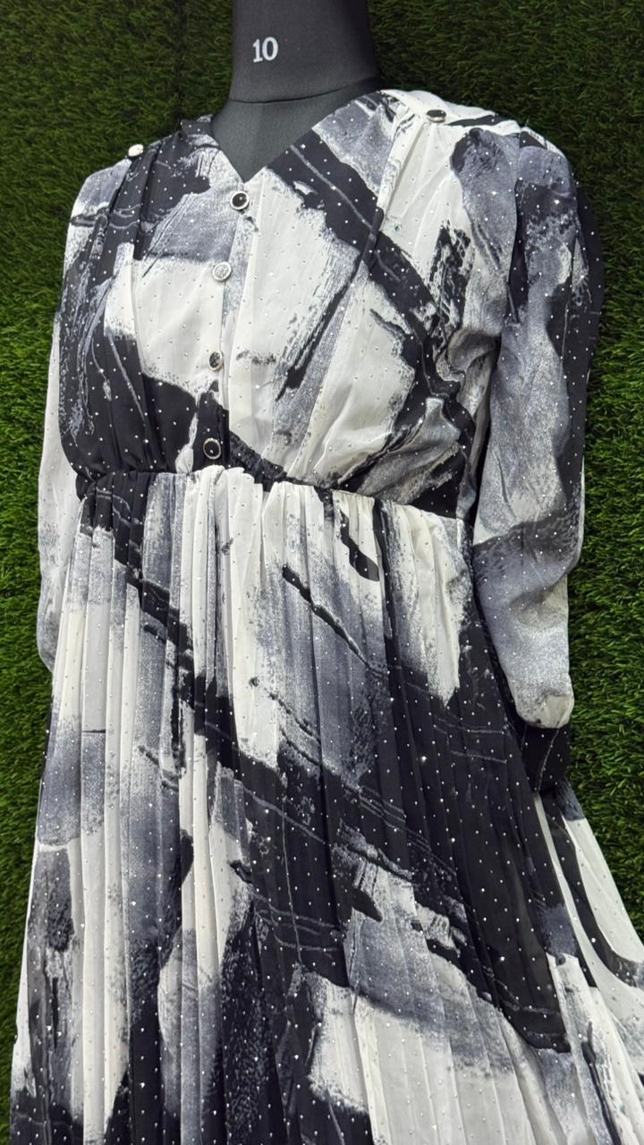 Black & White Abstract Print Chiffon Maxi Dress | xl 