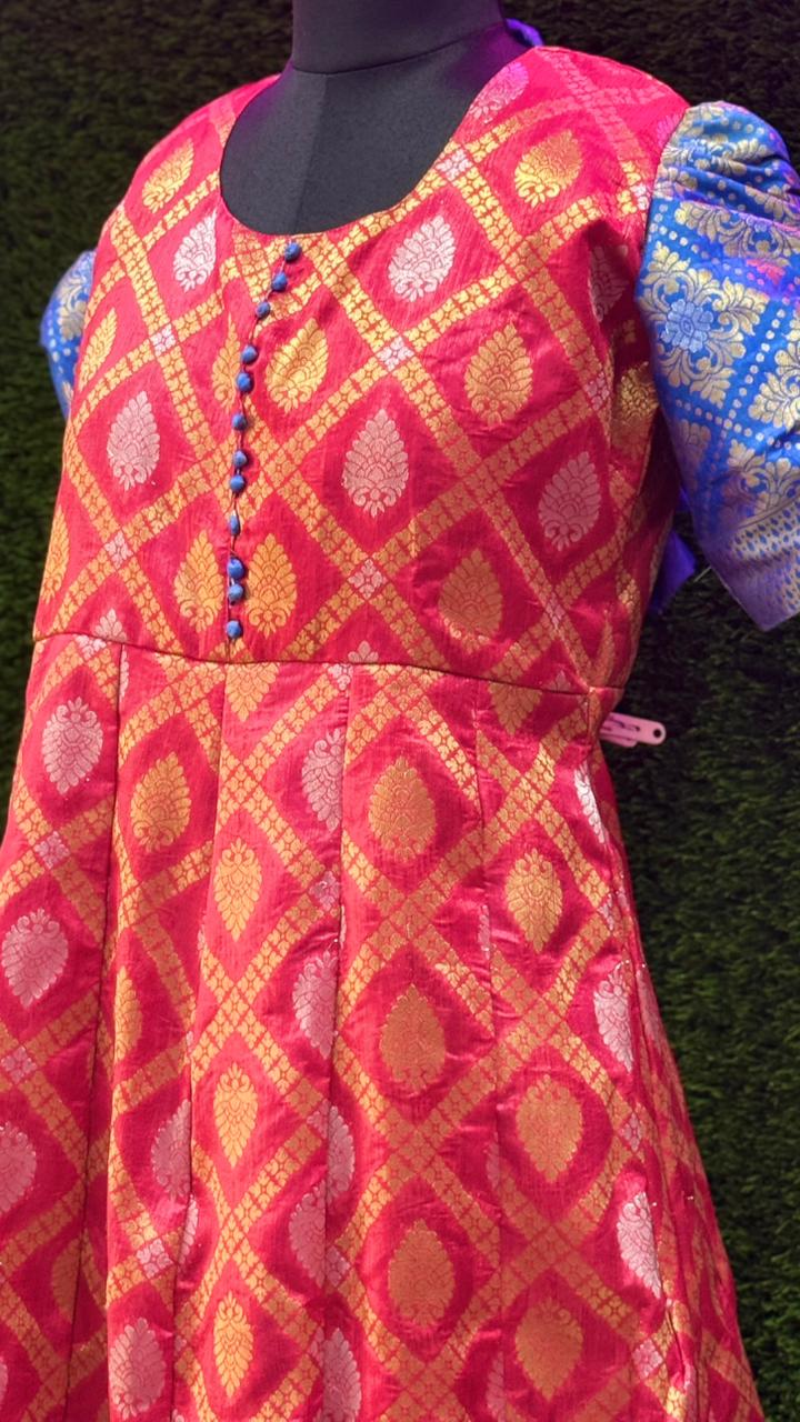 Red & Blue Banarasi Style Maxi Gown | Festive Ethnic Long Dress for Women