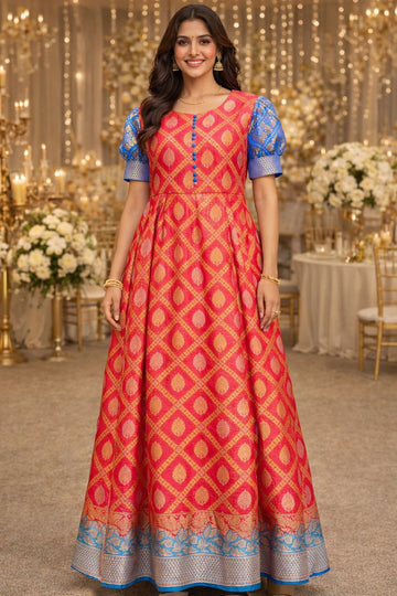 Red & Blue Banarasi Style Maxi Gown | Festive Ethnic Long Dress for Women