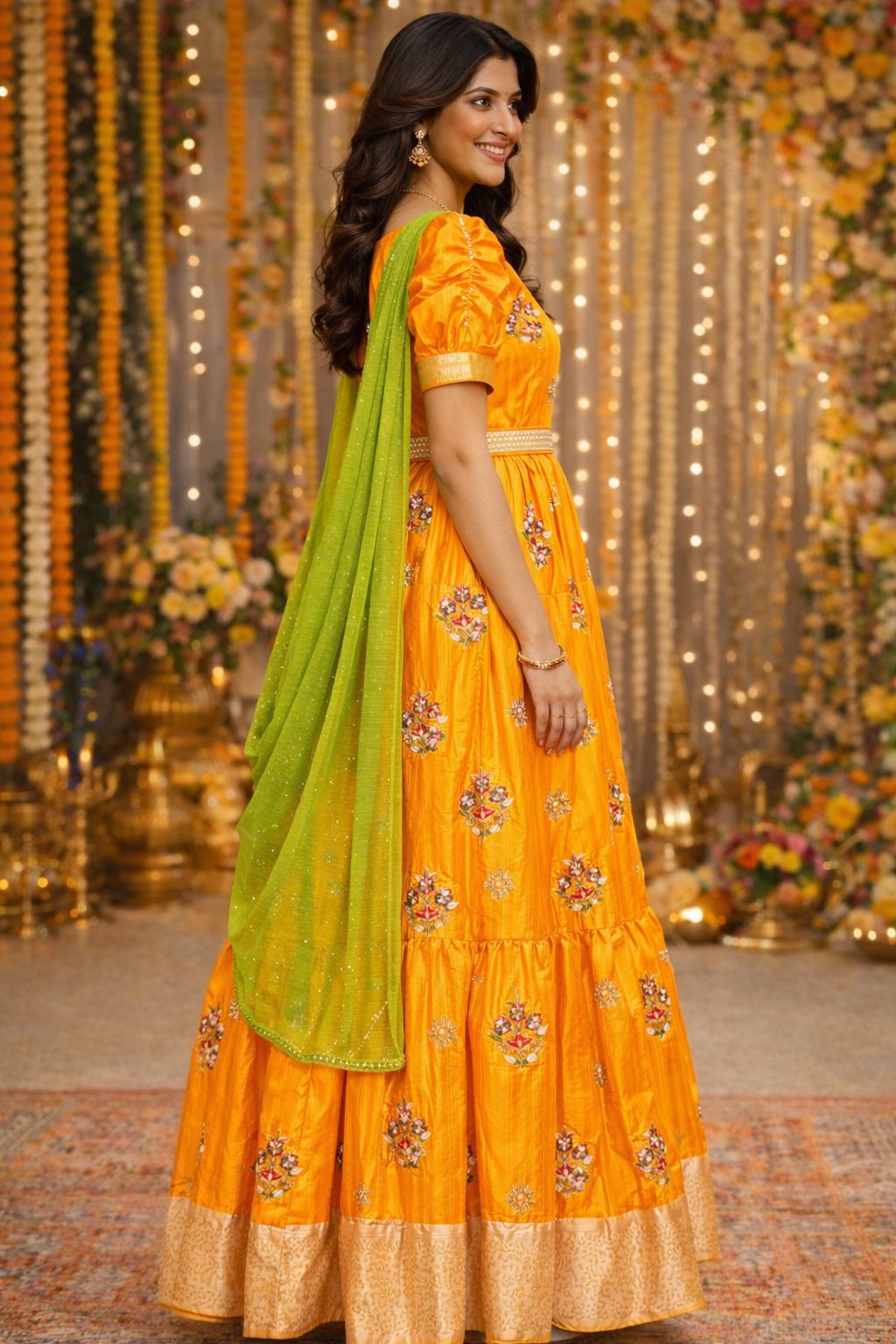 Mango Yellow Embroidered Maxi Dress with Green Dupatta & Belt