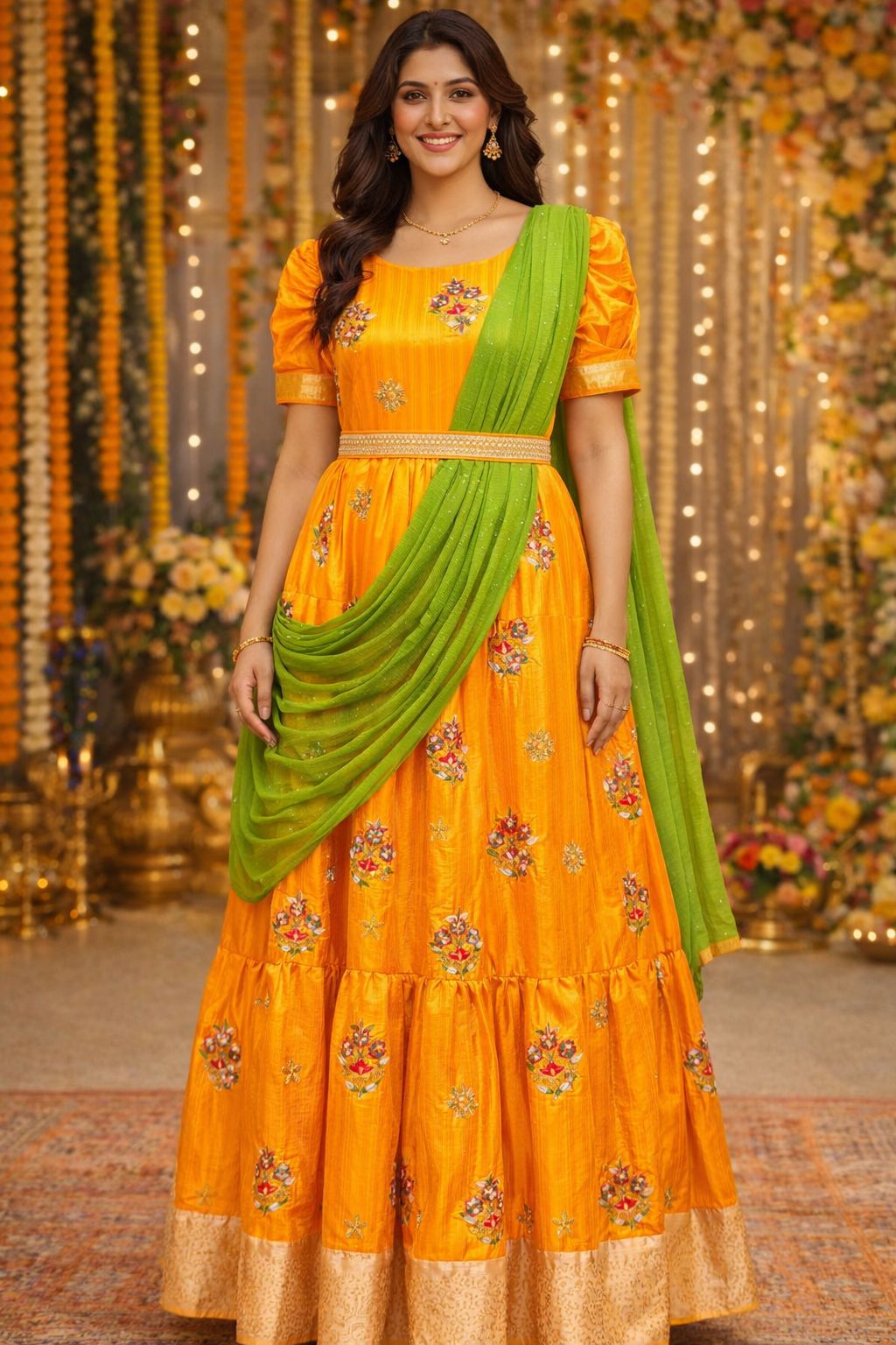Mango Yellow Embroidered Maxi Dress with Green Dupatta & Belt