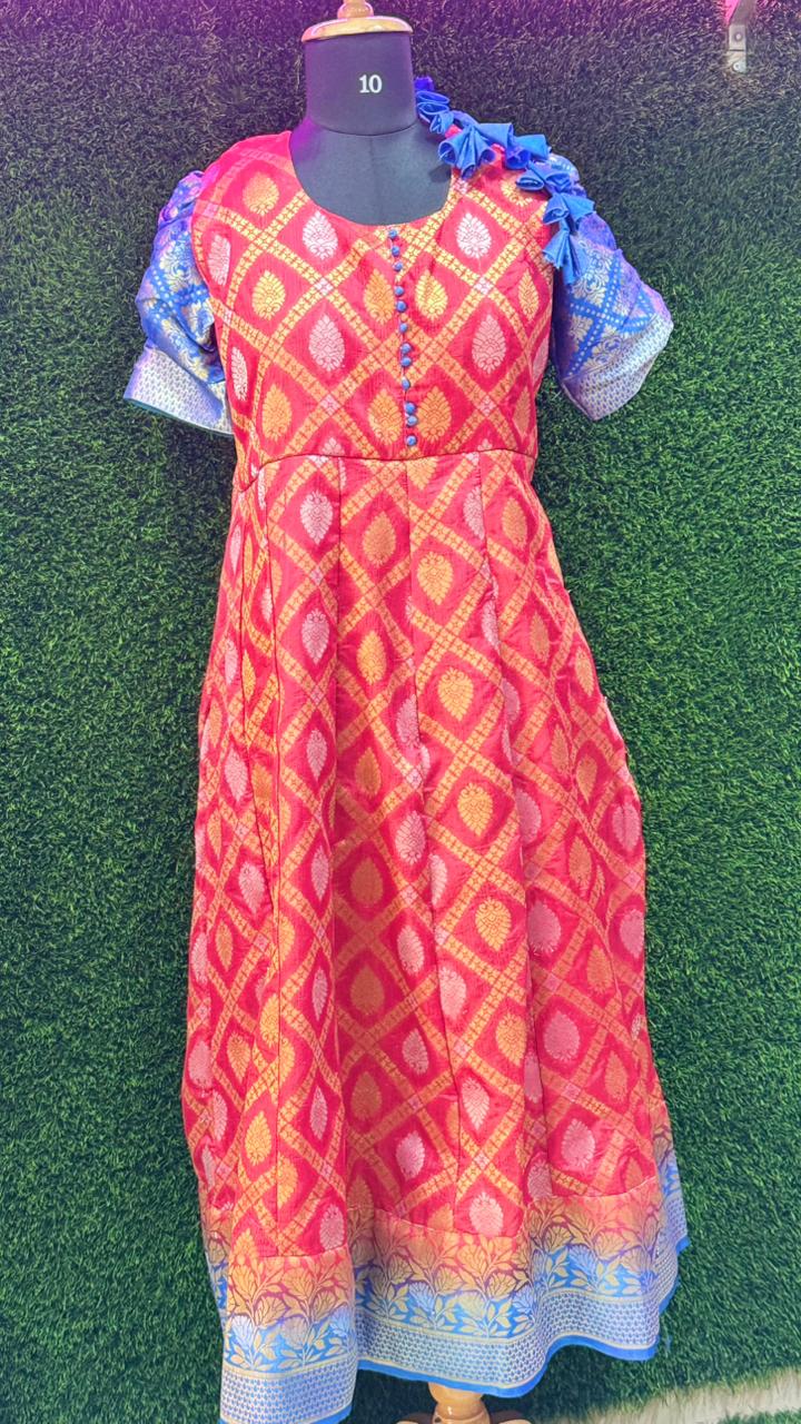 Red & Blue Banarasi Style Maxi Gown | Festive Ethnic Long Dress for Women