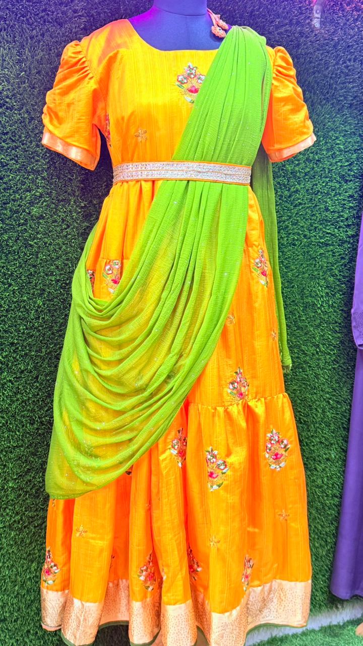 Mango Yellow Embroidered Maxi Dress with Green Dupatta & Belt