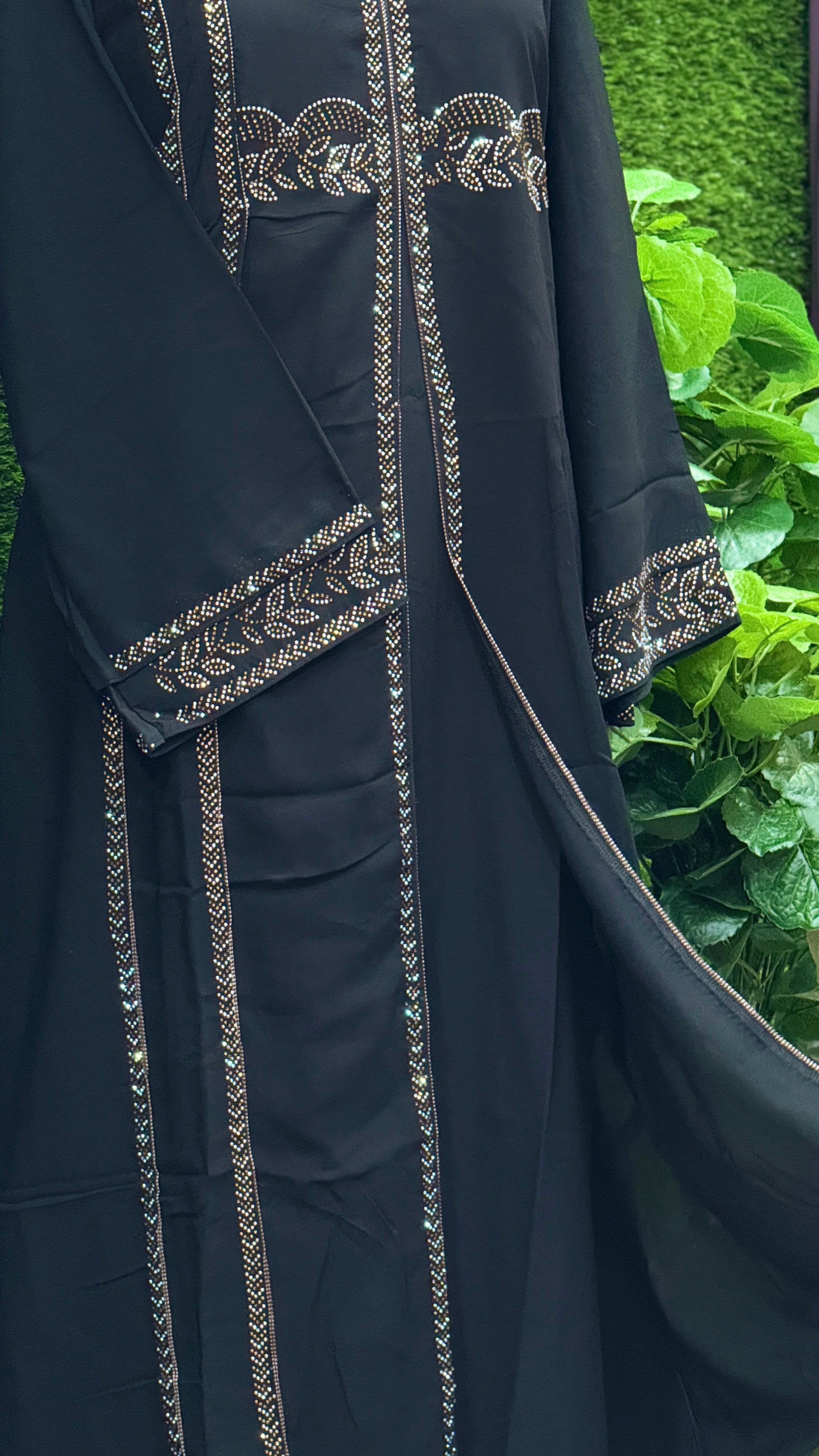 Black Coat-Style Abaya with Gold | SIZE XXL-56| Rainbow Stone Work Elegance Reimagined