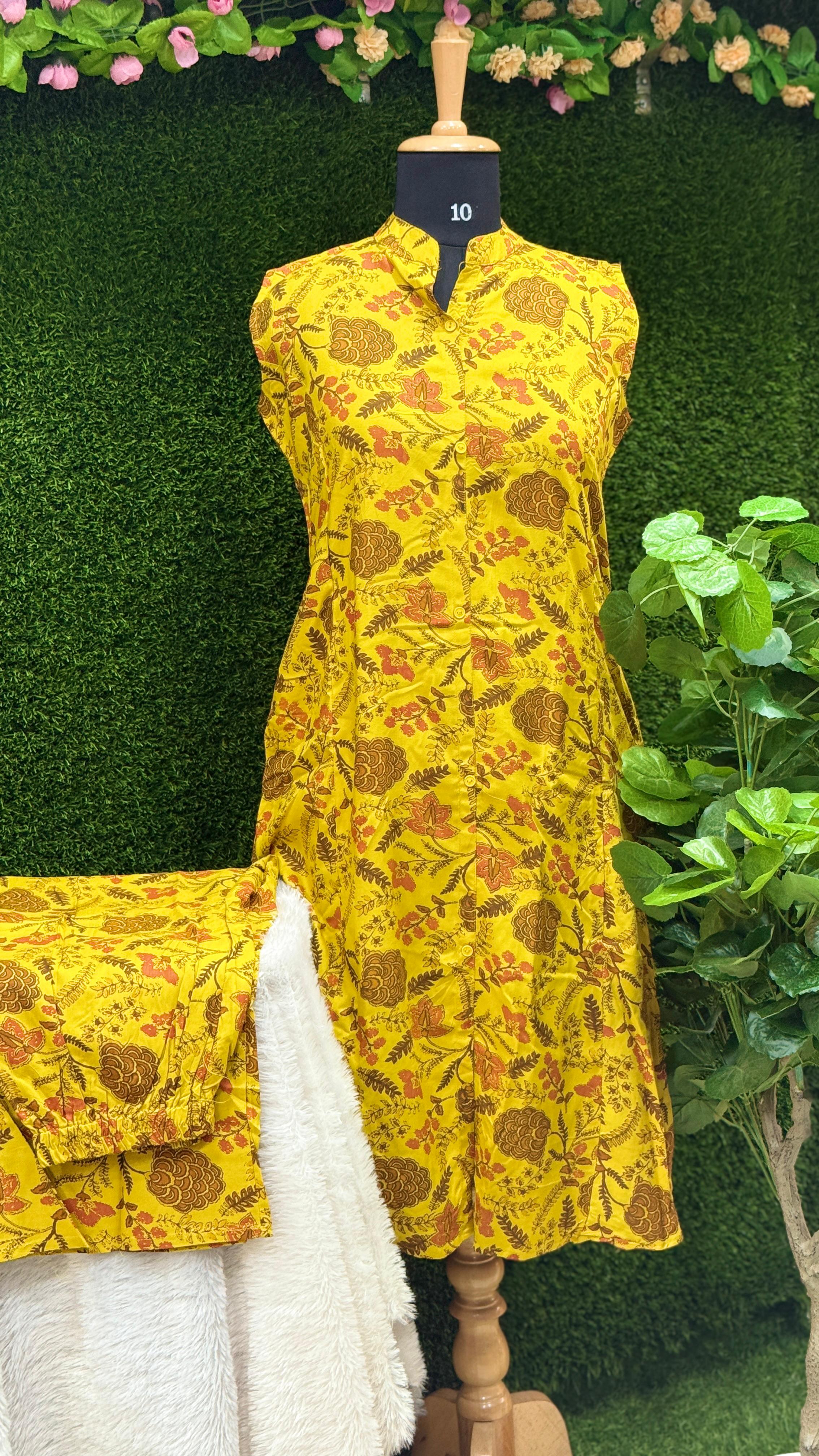 Floral Rayon Kurta & Palazzo Set – Musterd Yellow
