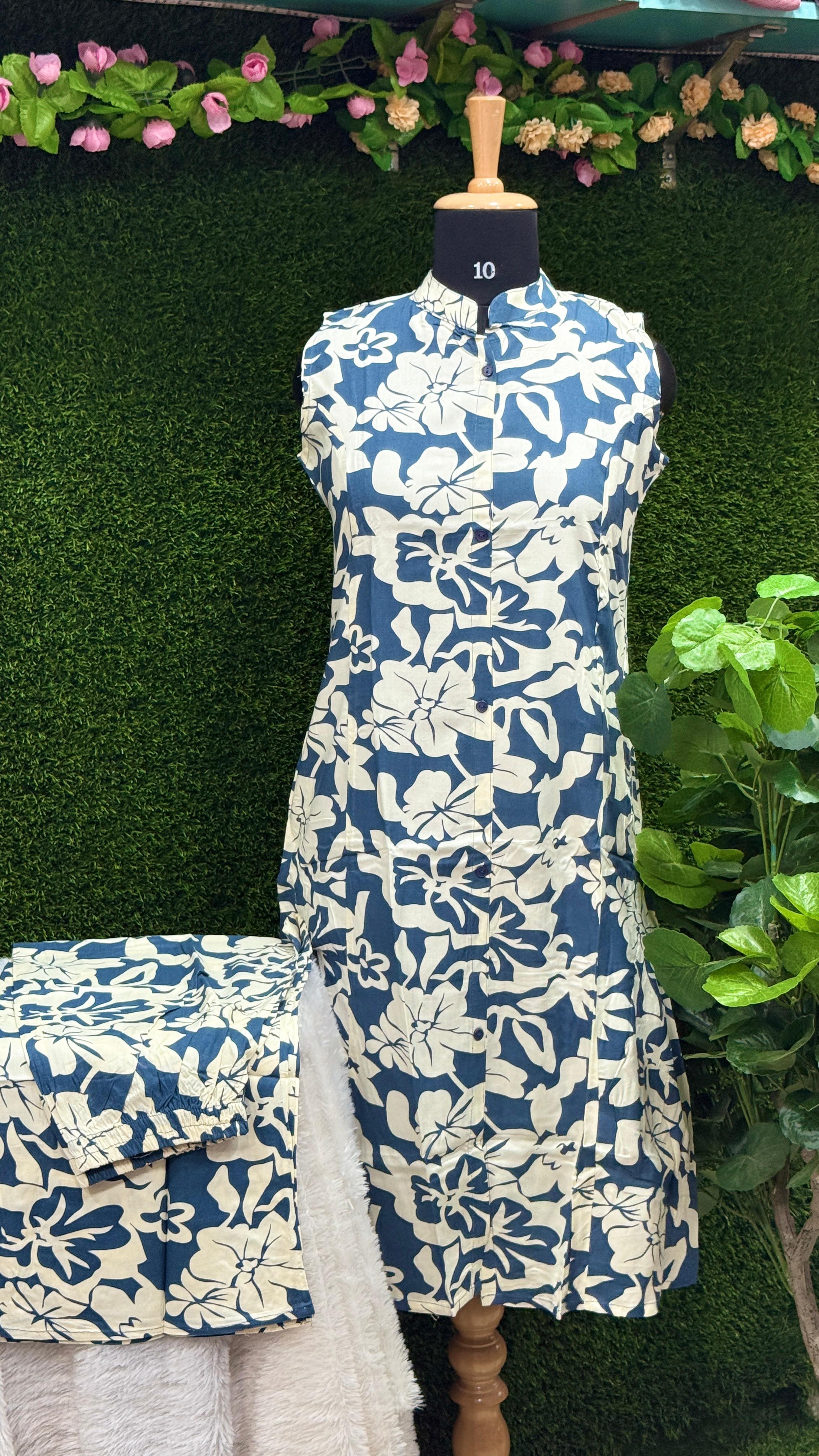 Floral Rayon Kurta & Palazzo set - dusk green