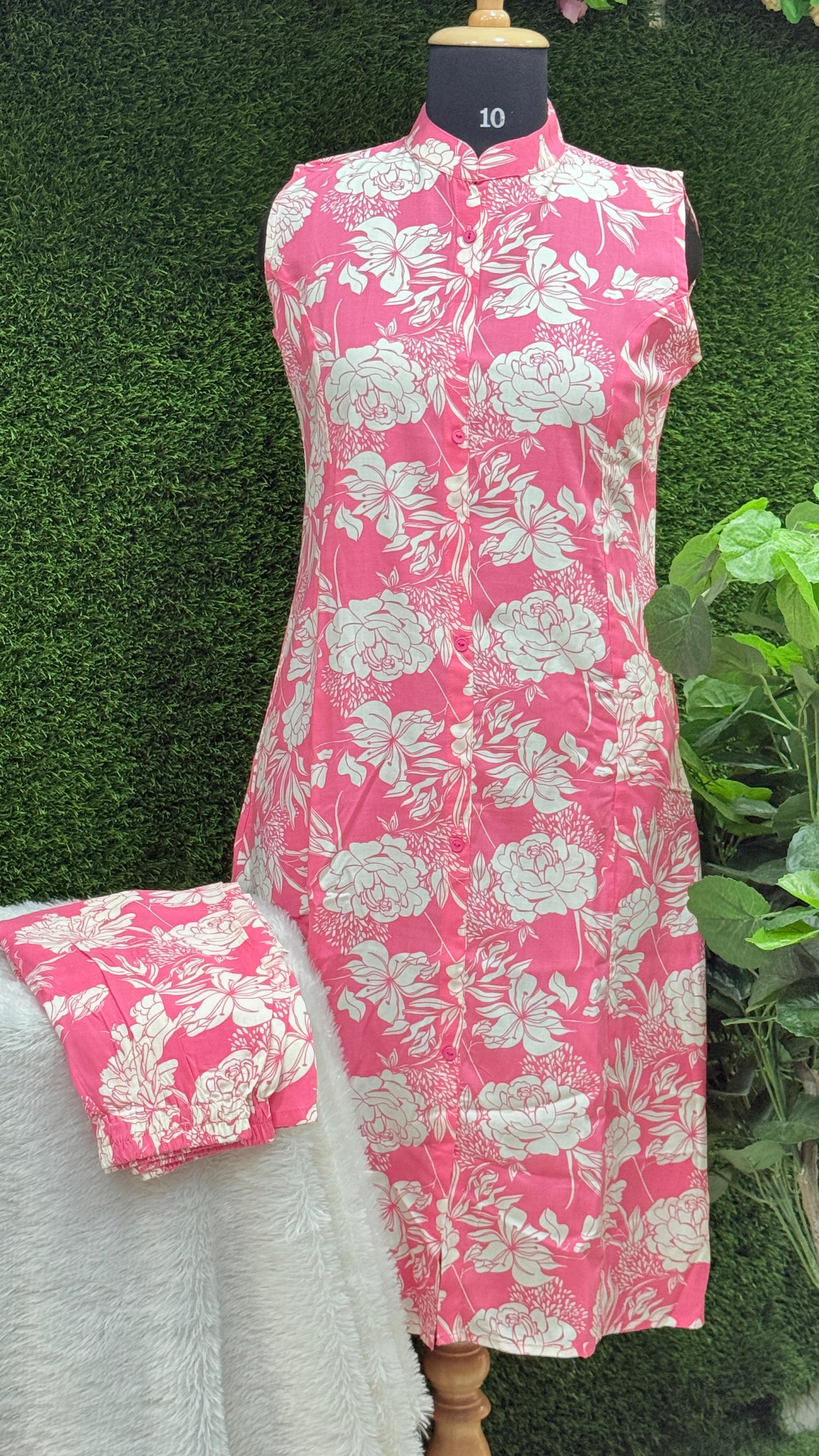 Floral Rayon Kurta Set for Effortless Elegance| Light coral