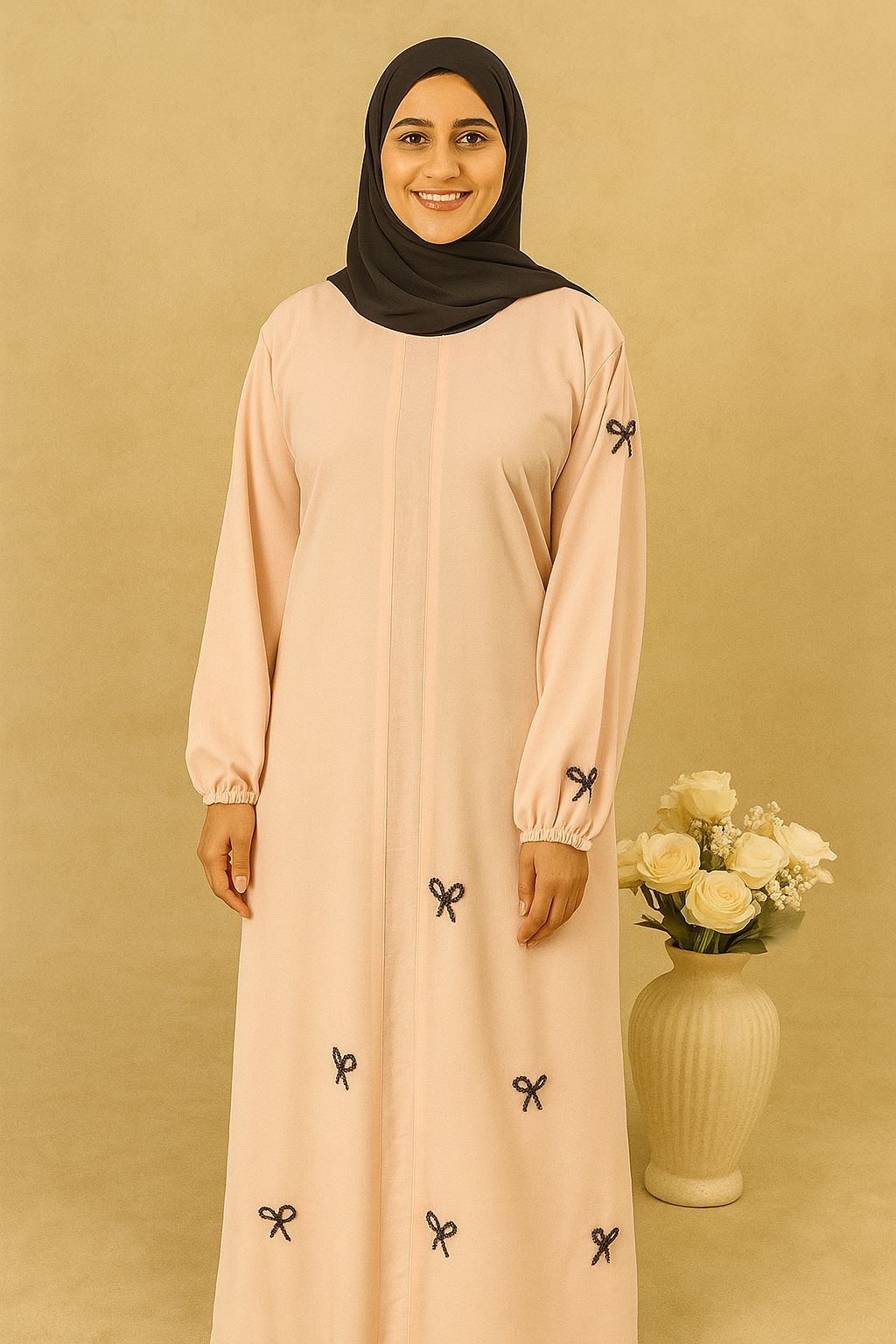 Bead work| size 52 |Hand work Abaya – Round Neck | Elastic Sleeves