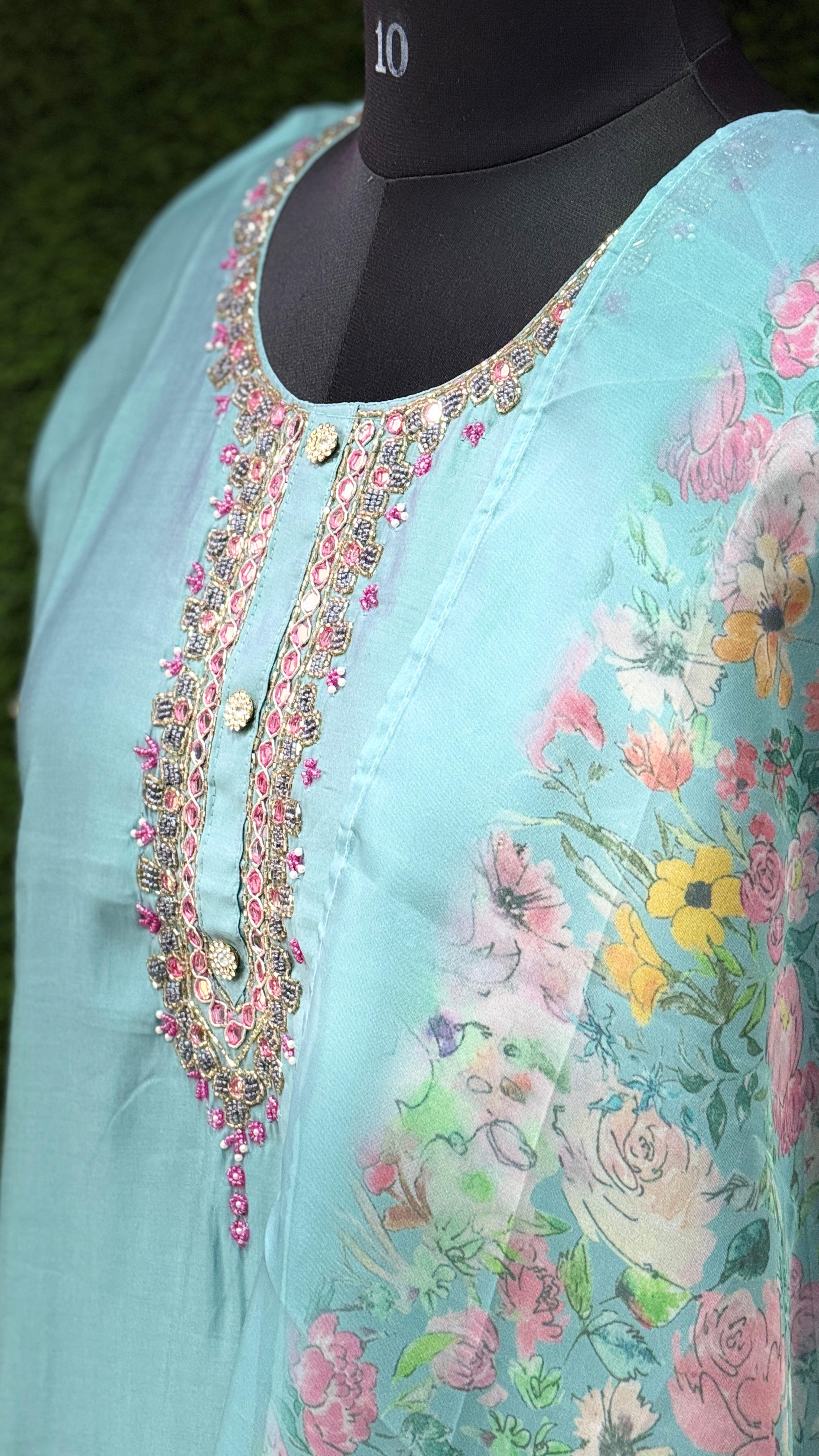 Royal Grace nice blue Colour Jewel Neck Ensemble – 3 Piece Designer Set