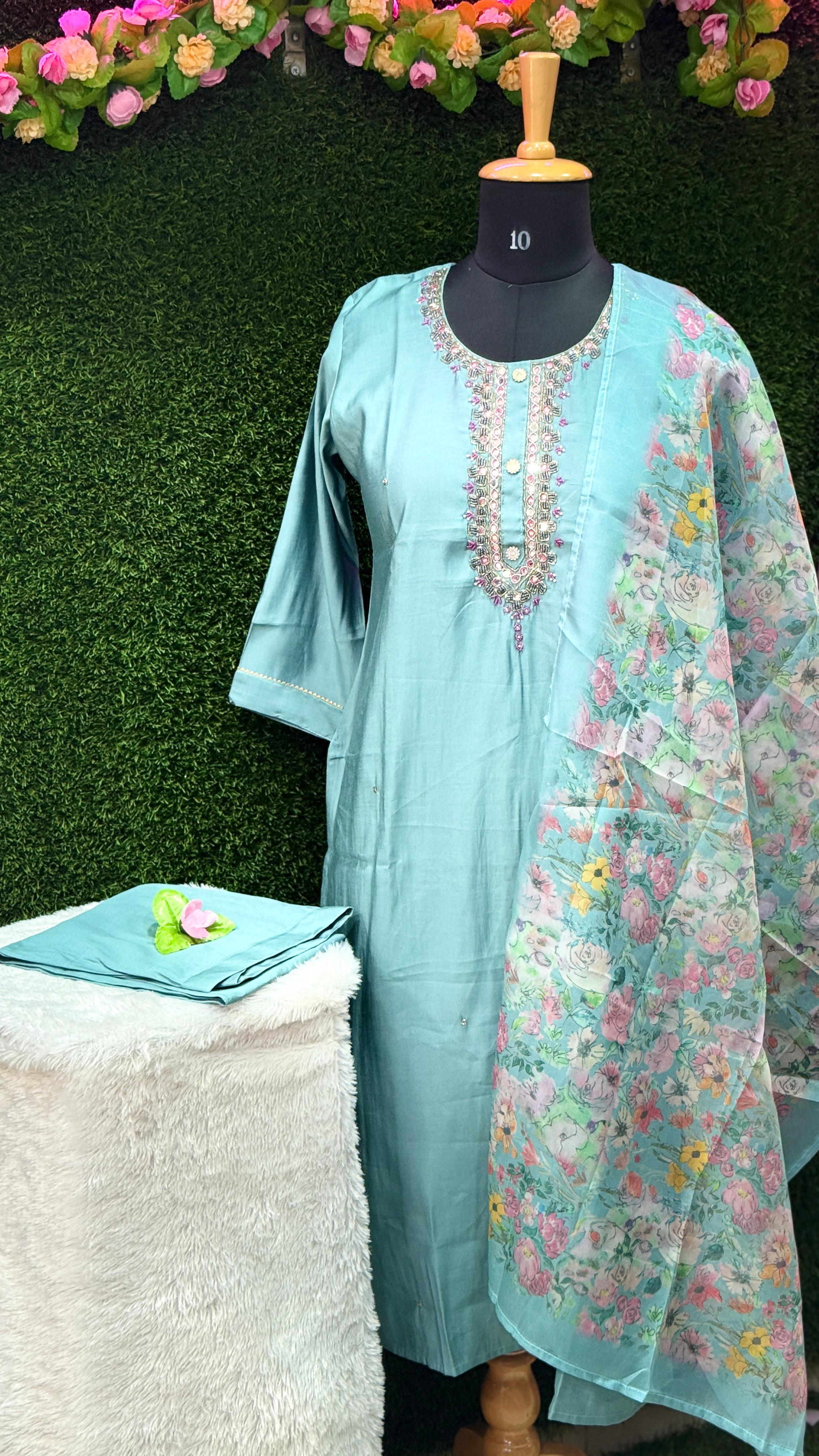 Royal Grace nice blue Colour Jewel Neck Ensemble – 3 Piece Designer Set