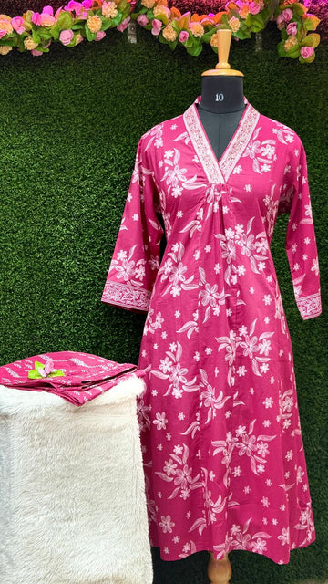 PINK Floral Printed Cotton Kurti with Plazo – Two-Piece Set