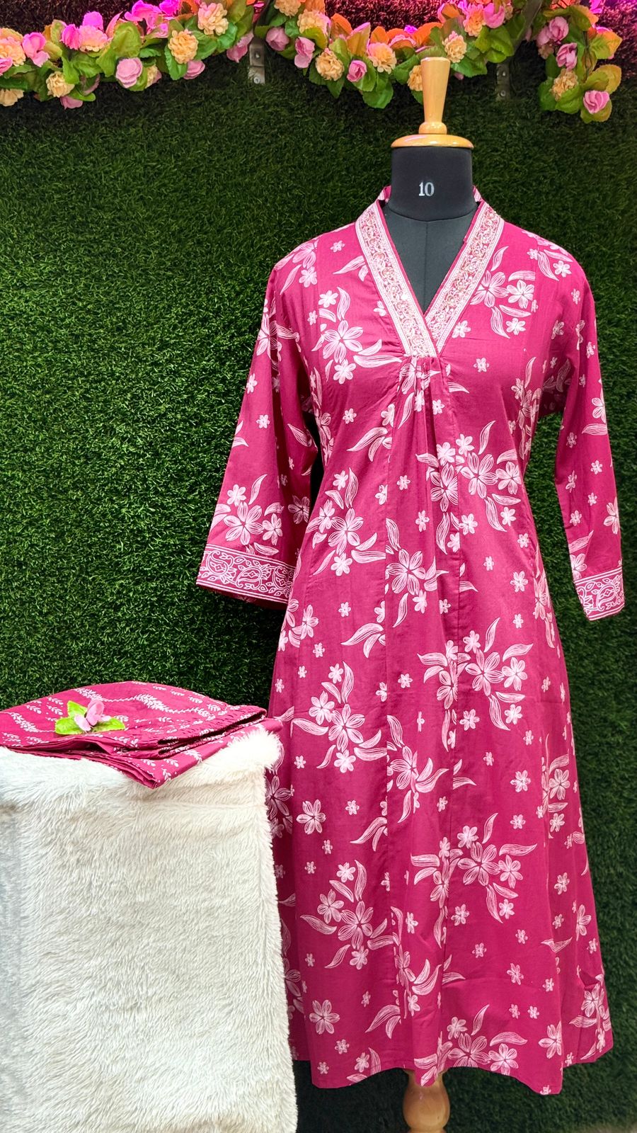 PINK Floral Printed Cotton Kurti with Plazo – Two-Piece Set