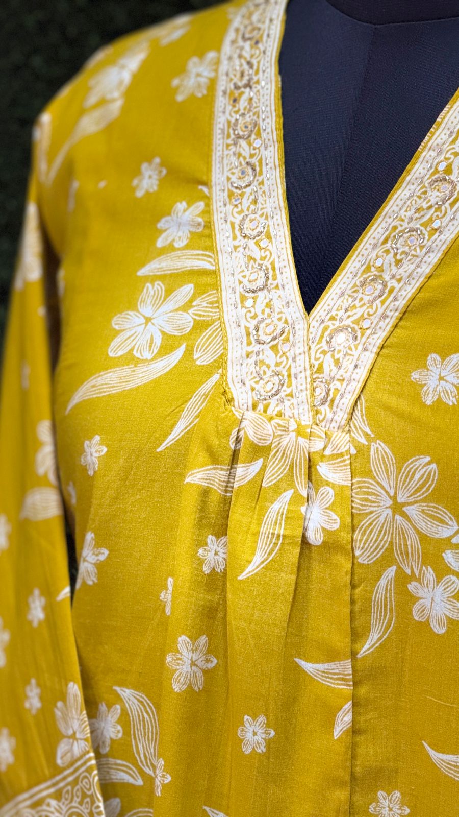 Mustard yellow Printed Cotton Kurti with Plazo – Two-Piece Set