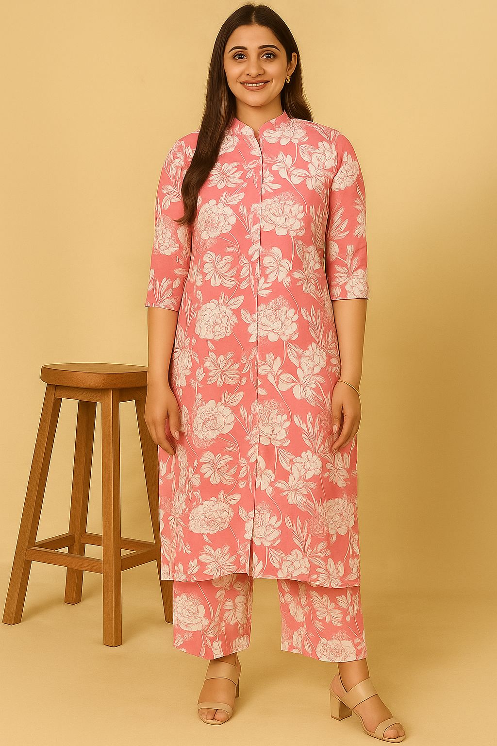 Floral Rayon Kurta Set for Effortless Elegance| Light coral