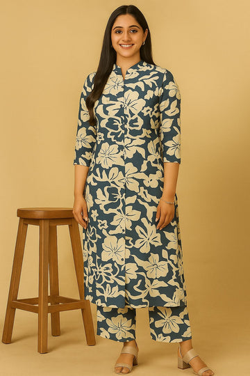 Floral Rayon Kurta & Palazzo set - dusk green