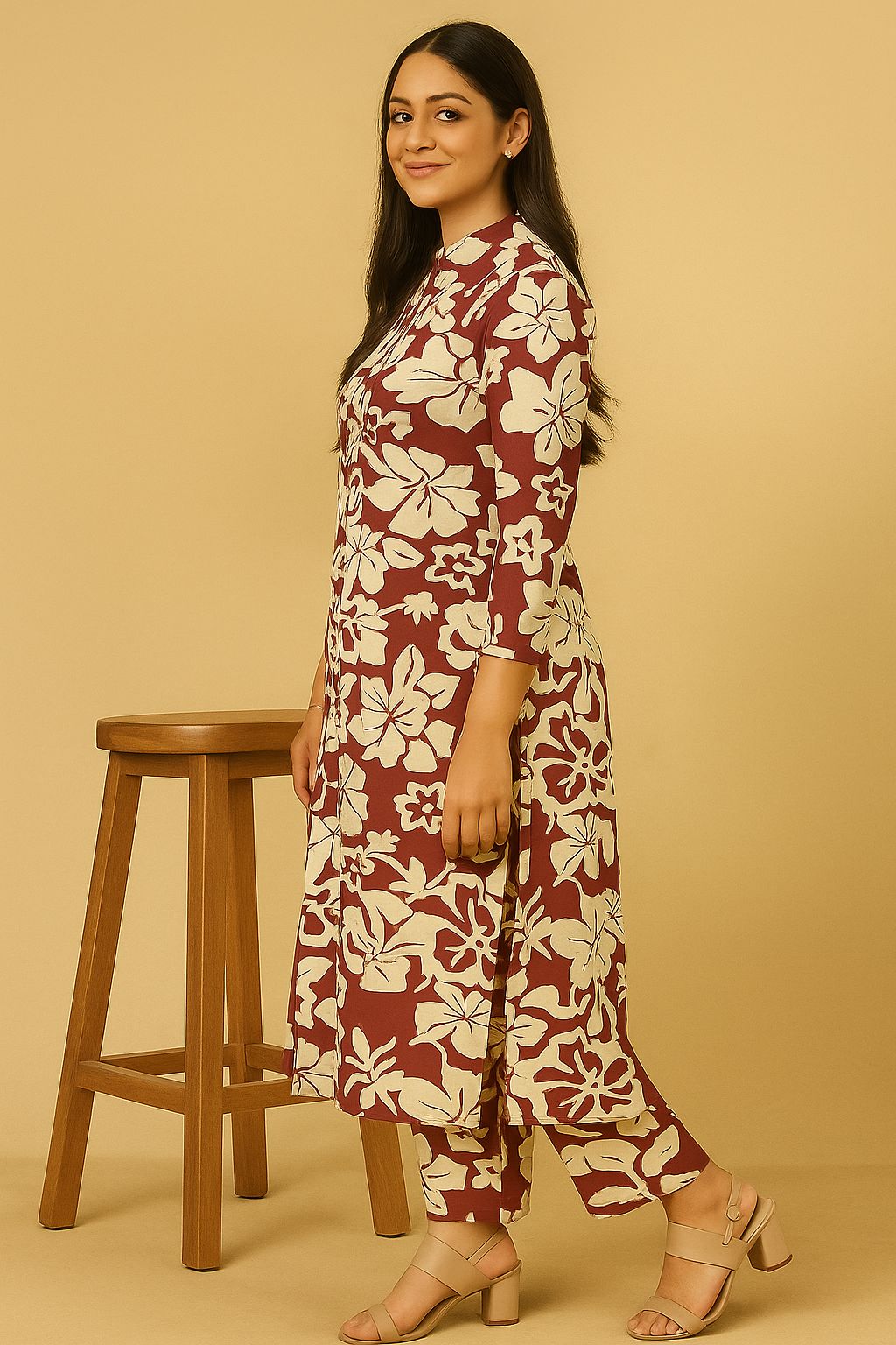 Floral Rayon Kurta & Palazzo Set – Brownish red