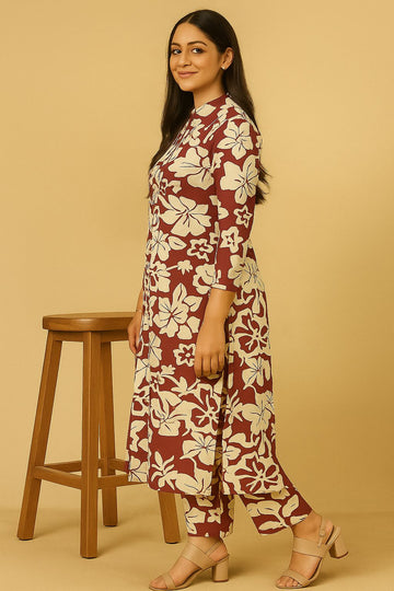 Floral Rayon Kurta & Palazzo Set – Brownish red