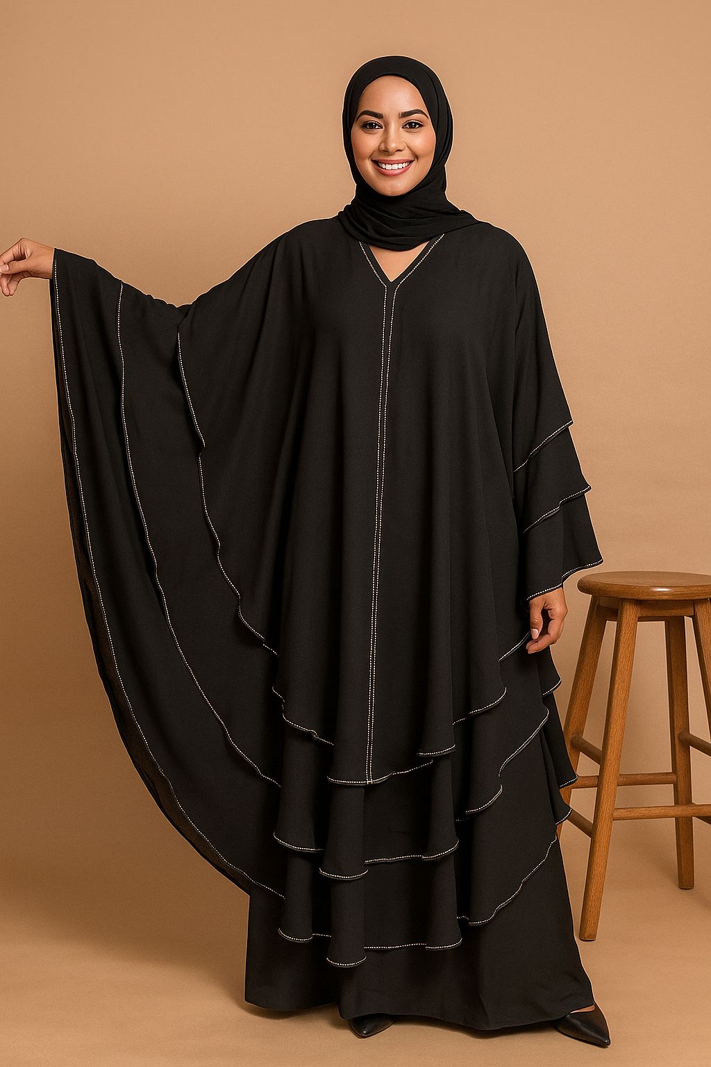 Premium Black Chiffon 3-Layer Kaftan – Size 56
