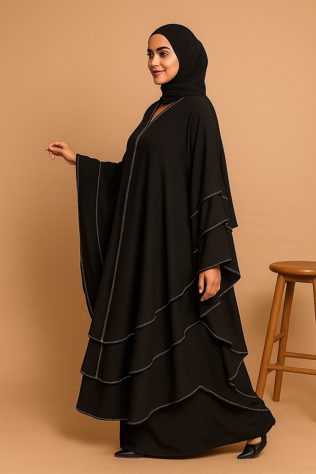 Premium Black Chiffon 3-Layer Kaftan – Size 56